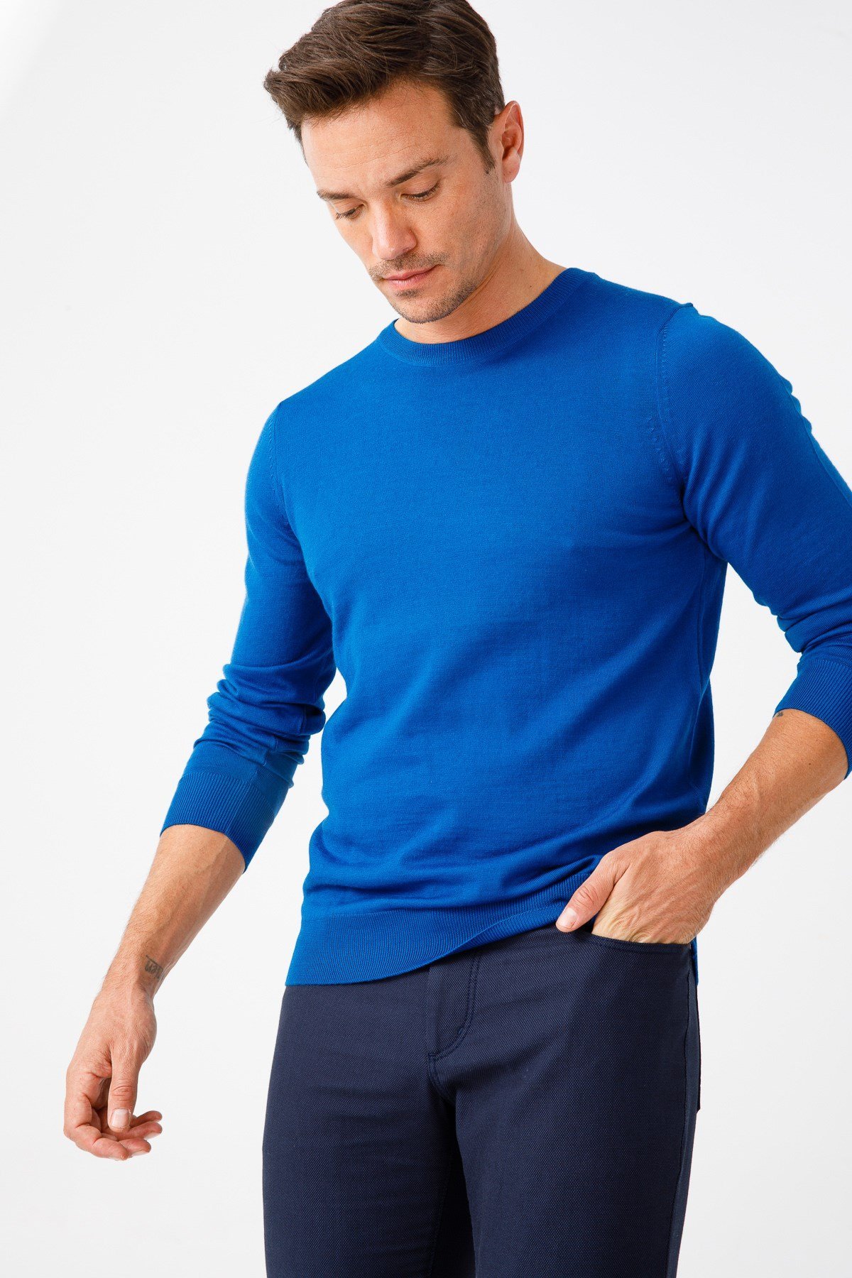 21603Erkek Basıc Sıfıryaka İnce Triko Kazak Saks