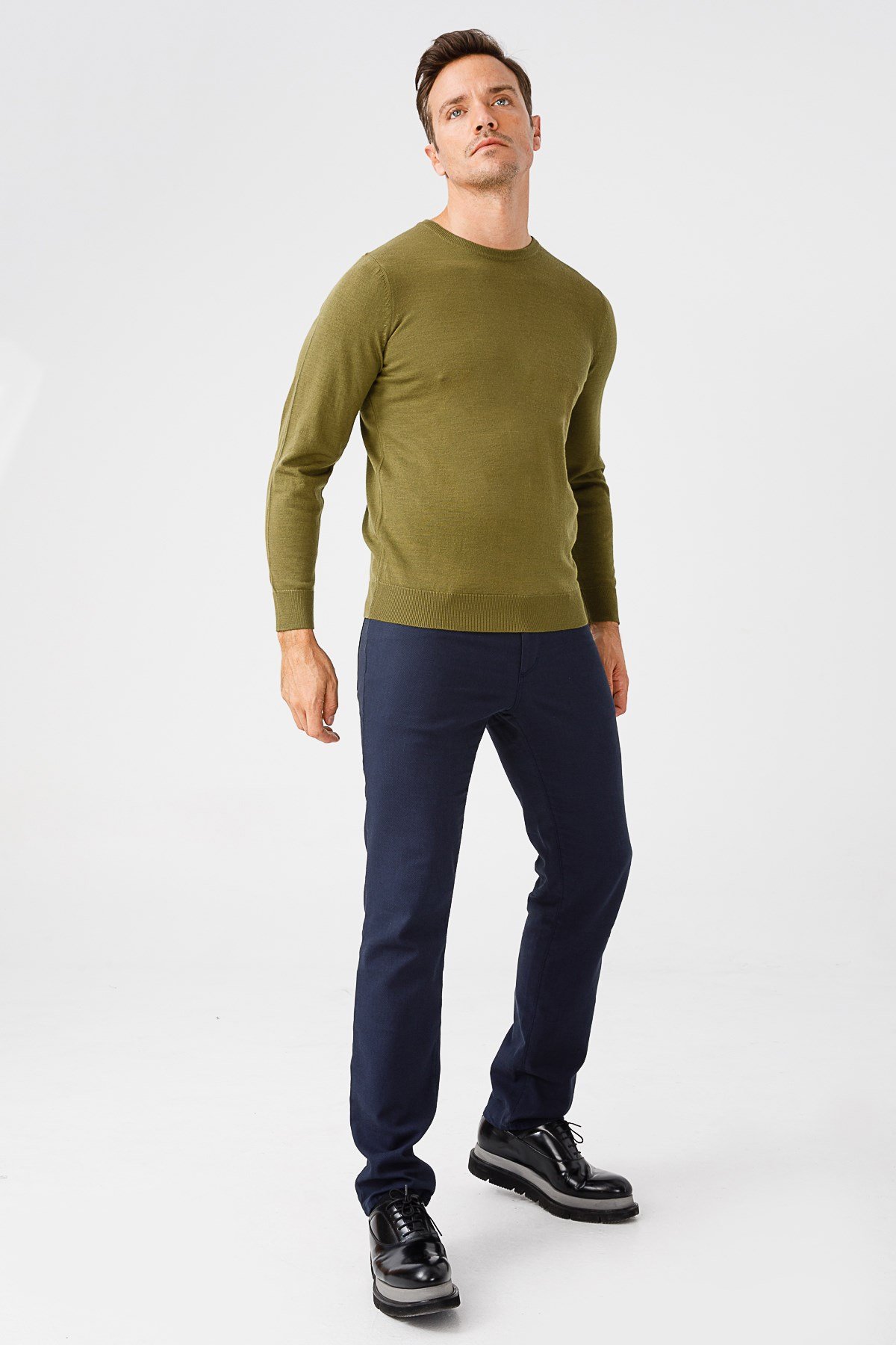 21603Erkek Basıc Sıfıryaka İnce Triko Kazak Haki