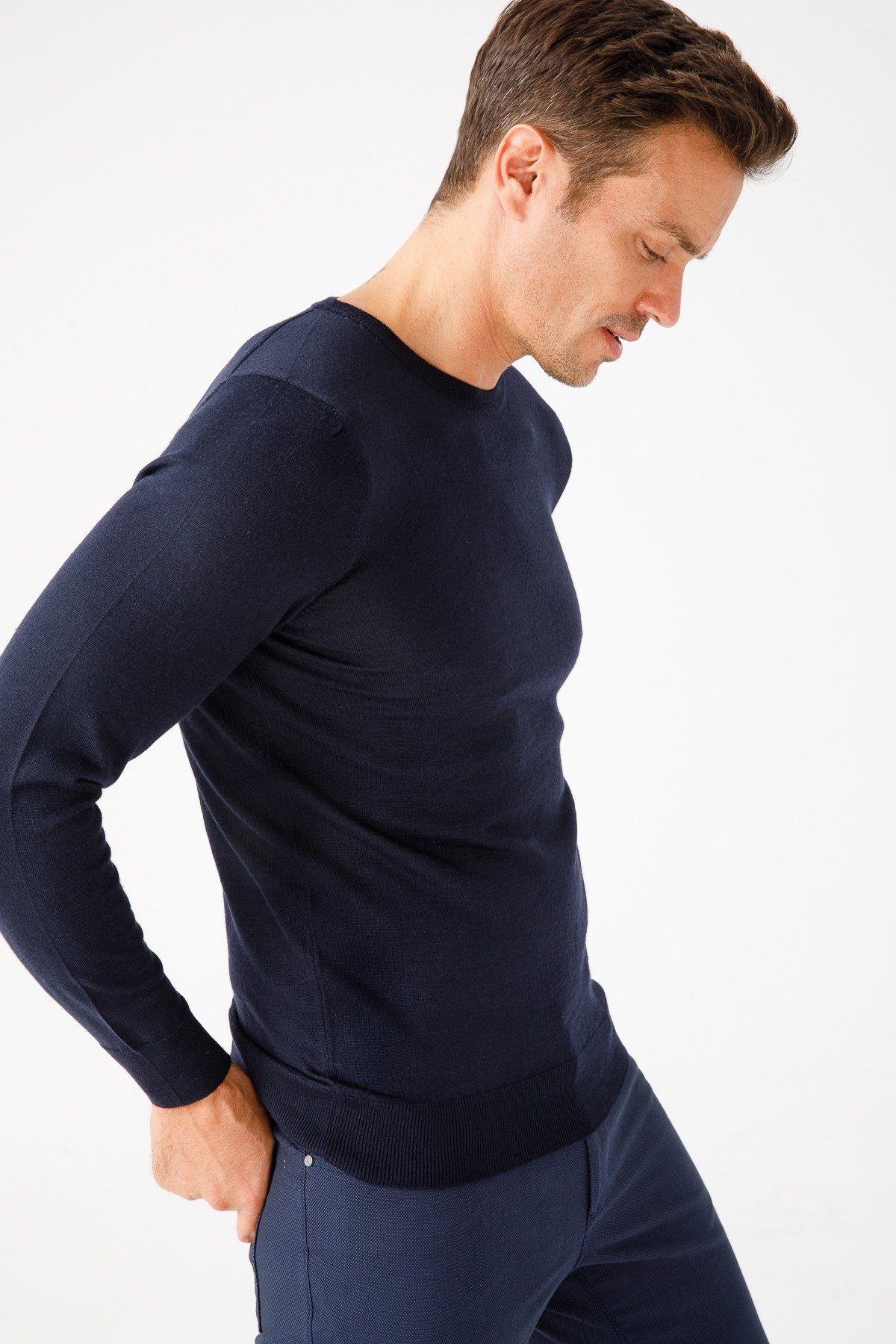 21603Erkek Basıc Sıfıryaka İnce Triko Kazak Koyu Lacivert