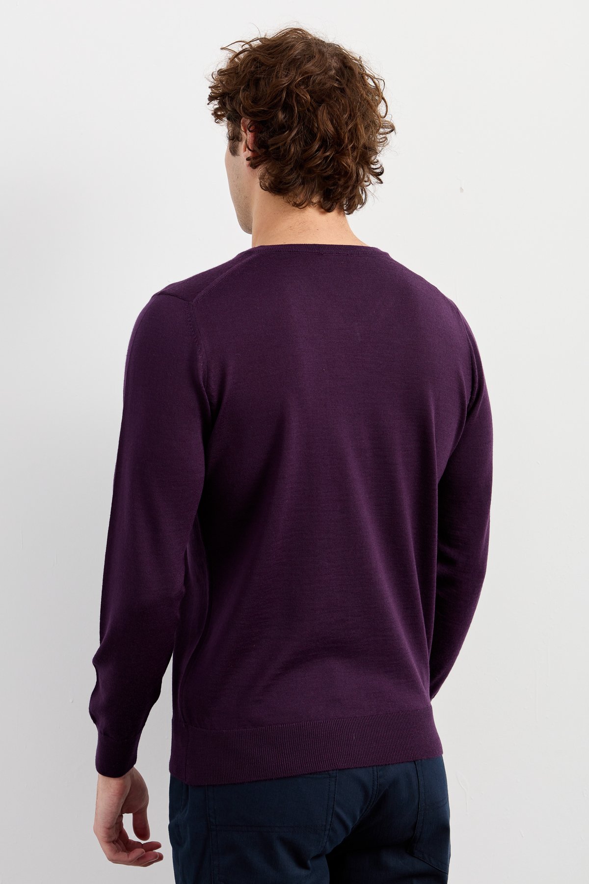 21602Erkek Basic V Yaka İnce Triko Kazak Mor