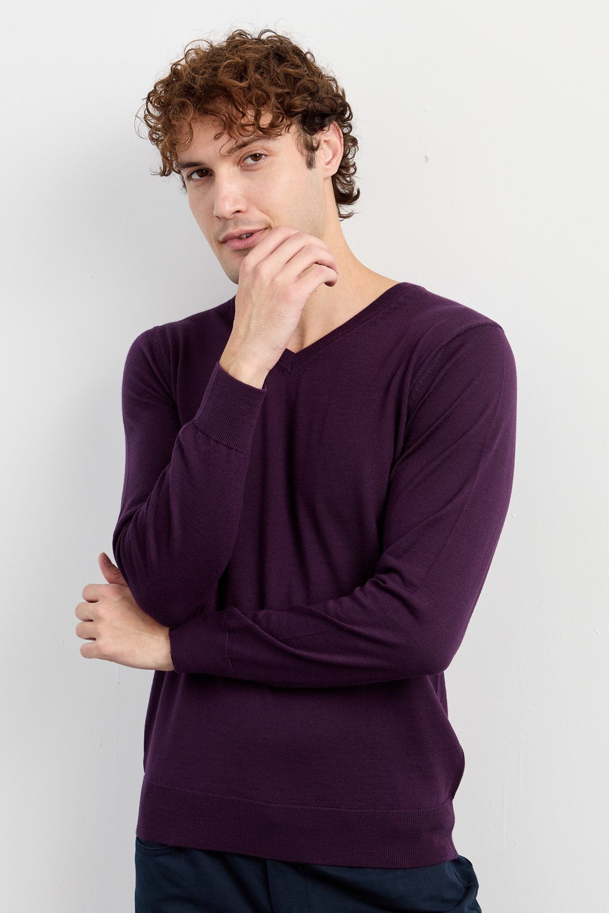 21602Erkek Basic V Yaka İnce Triko Kazak Mor