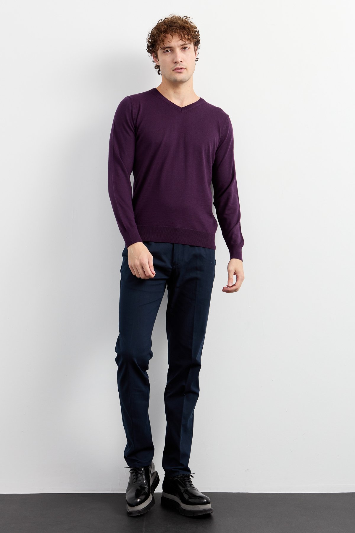 21602Erkek Basic V Yaka İnce Triko Kazak Mor