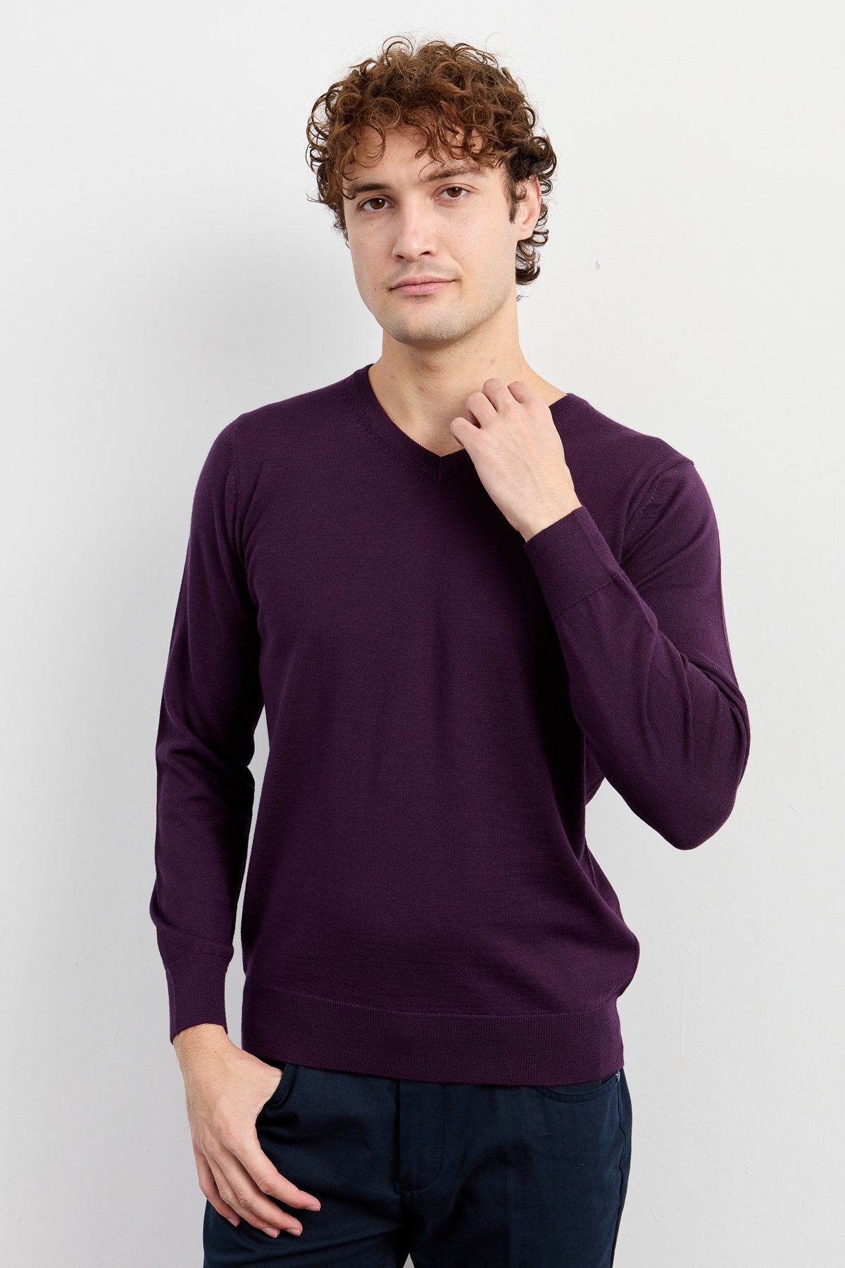21602Erkek Basic V Yaka İnce Triko Kazak Mor