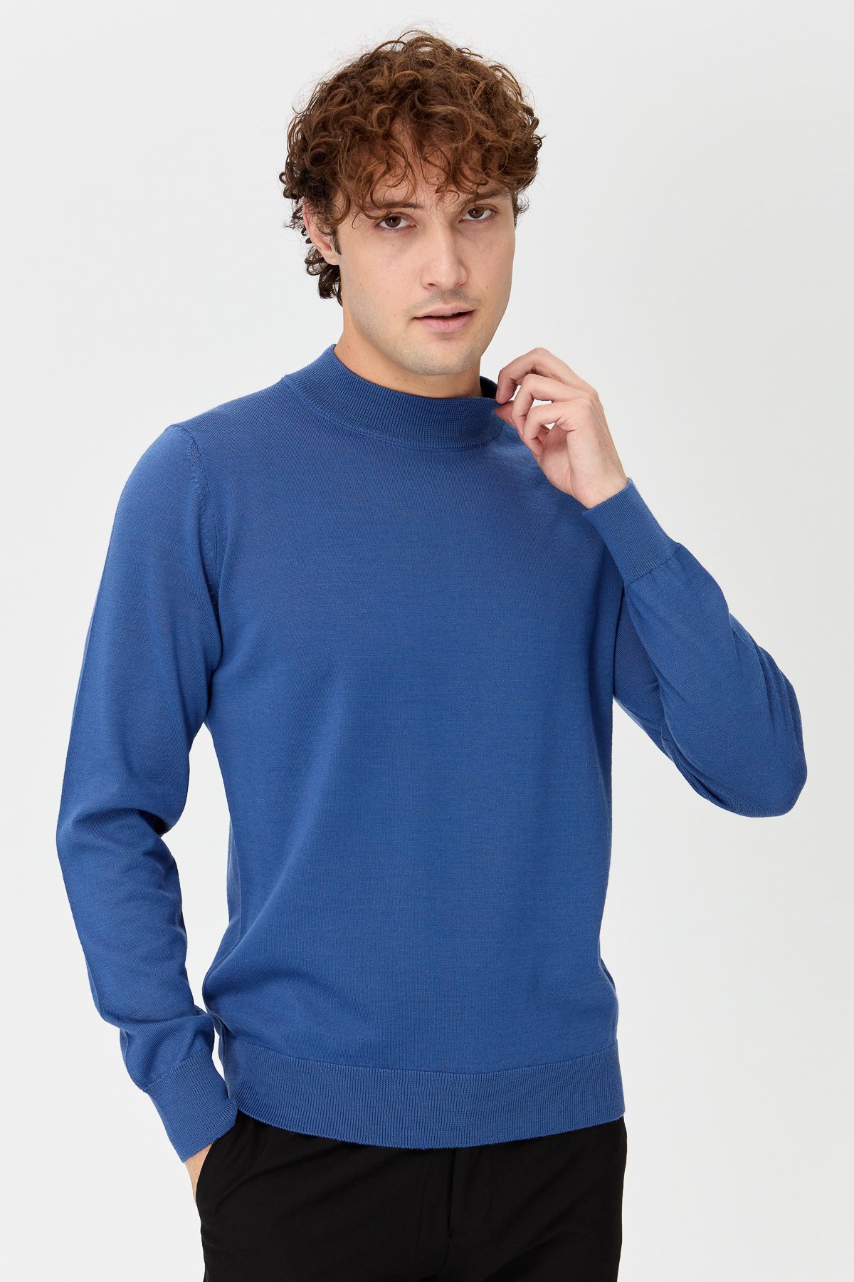 21604Erkek Basic Yarım Balıkçı İnce Triko Kazak İndigo