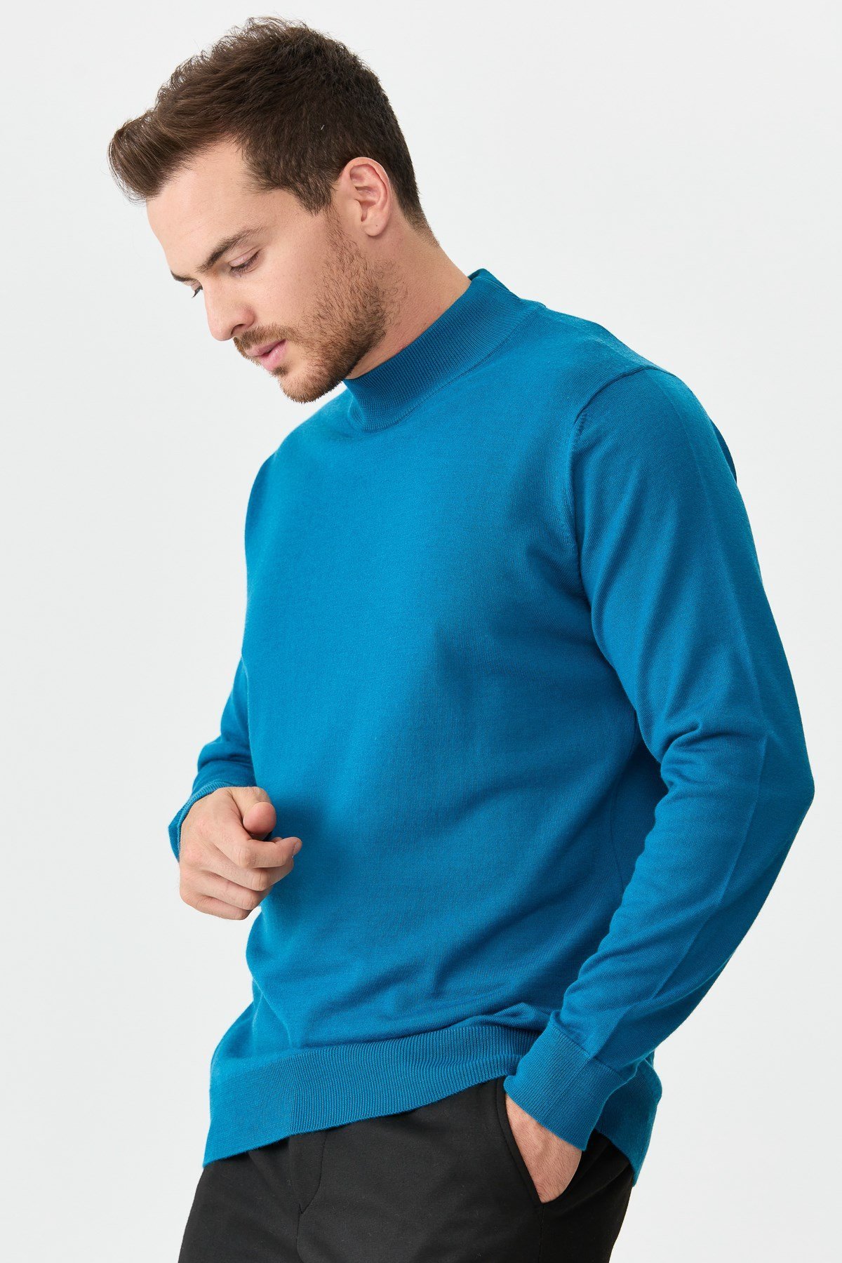 21604Erkek Basic Yarım Balıkçı İnce Triko Kazak A.Petrol