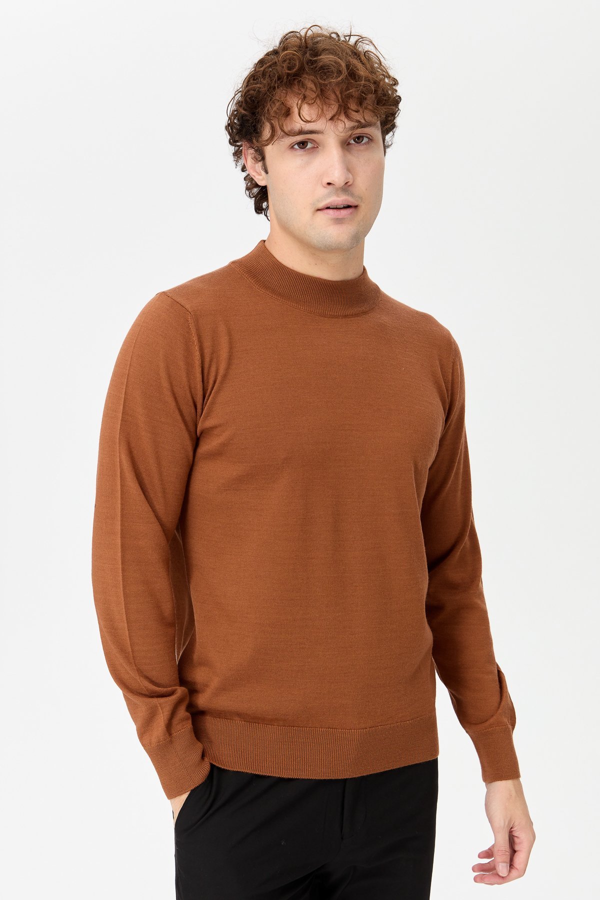 21604Erkek Basic Yarım Balıkçı İnce Triko Kazak K.taba