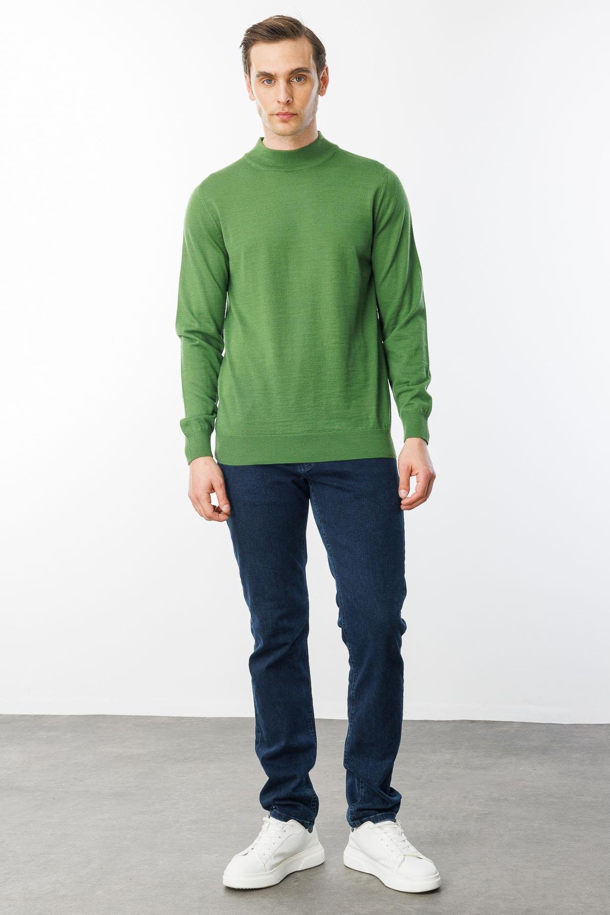 21604Erkek Basic Yarım Balıkçı İnce Triko Kazak K.Yosun