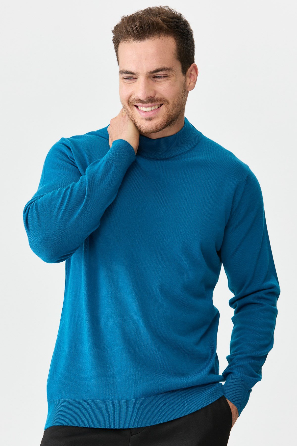 21604Erkek Basic Yarım Balıkçı İnce Triko Kazak A.Petrol