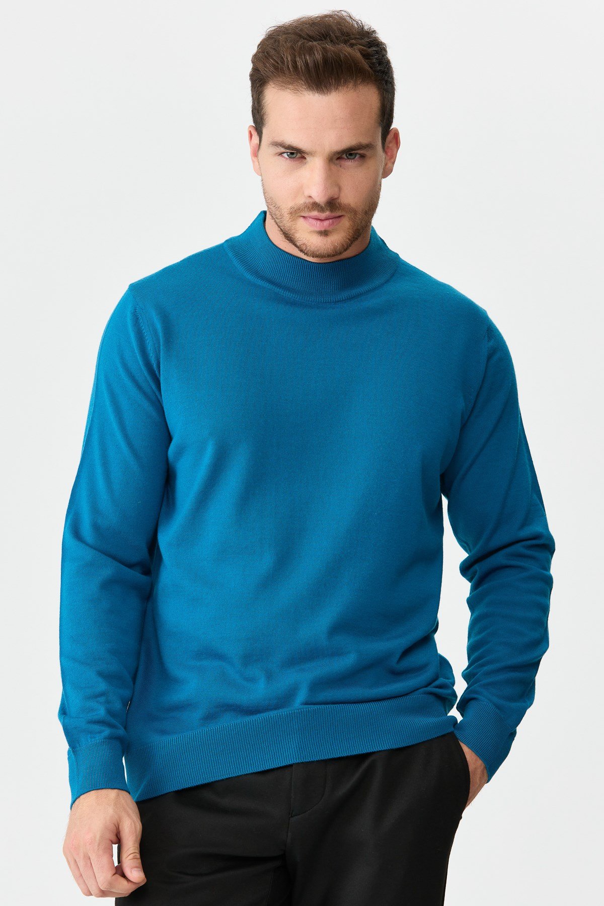 21604Erkek Basic Yarım Balıkçı İnce Triko Kazak A.Petrol