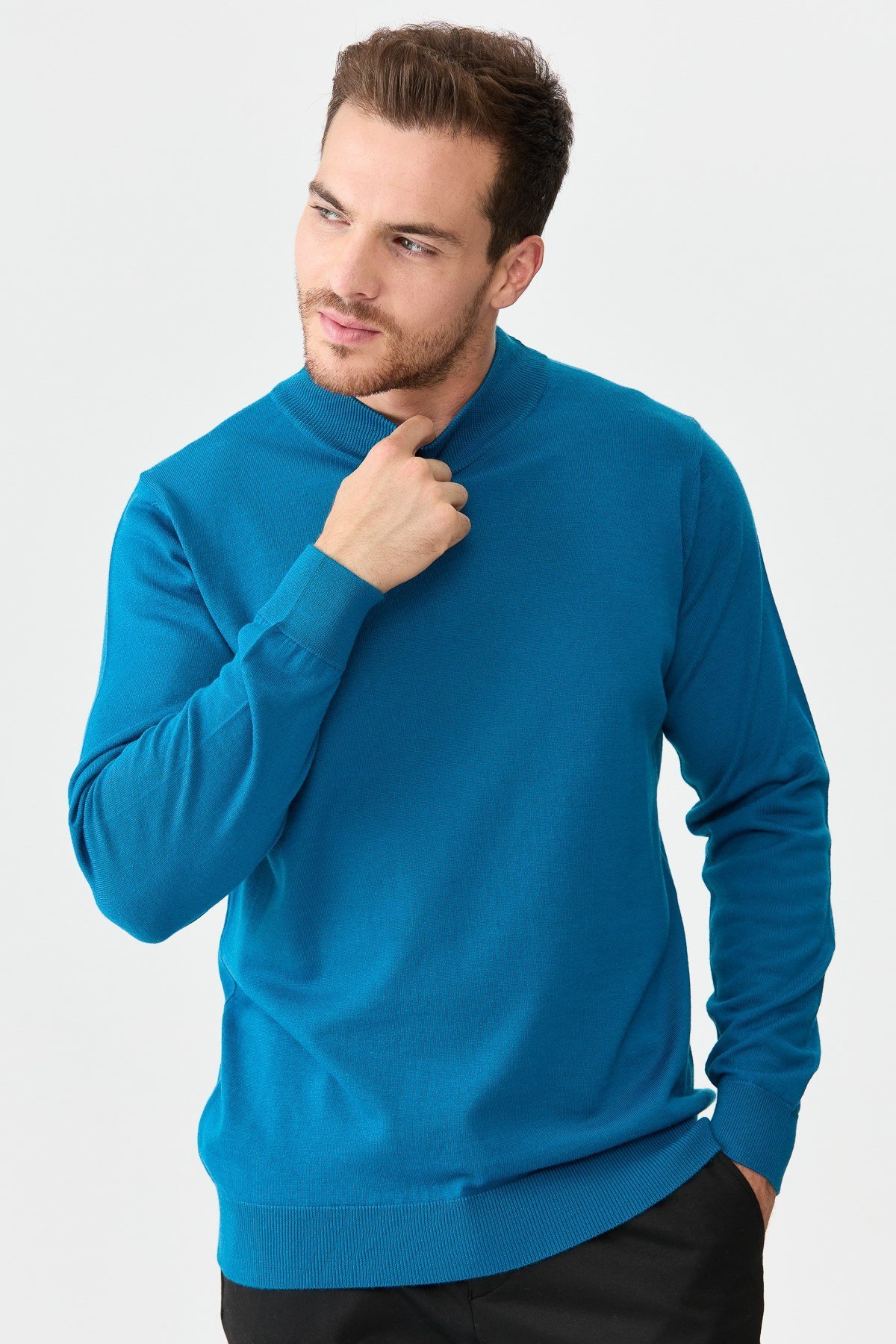 21604Erkek Basic Yarım Balıkçı İnce Triko Kazak A.Petrol