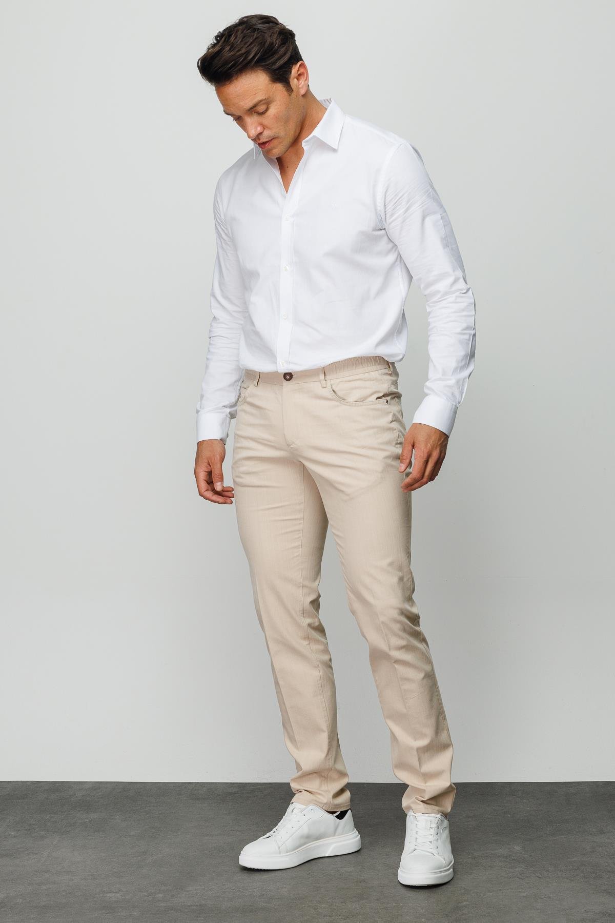 DNM.S23.106Erkek Beli Lastikli 5 Cepli Koton Pantolon Bej