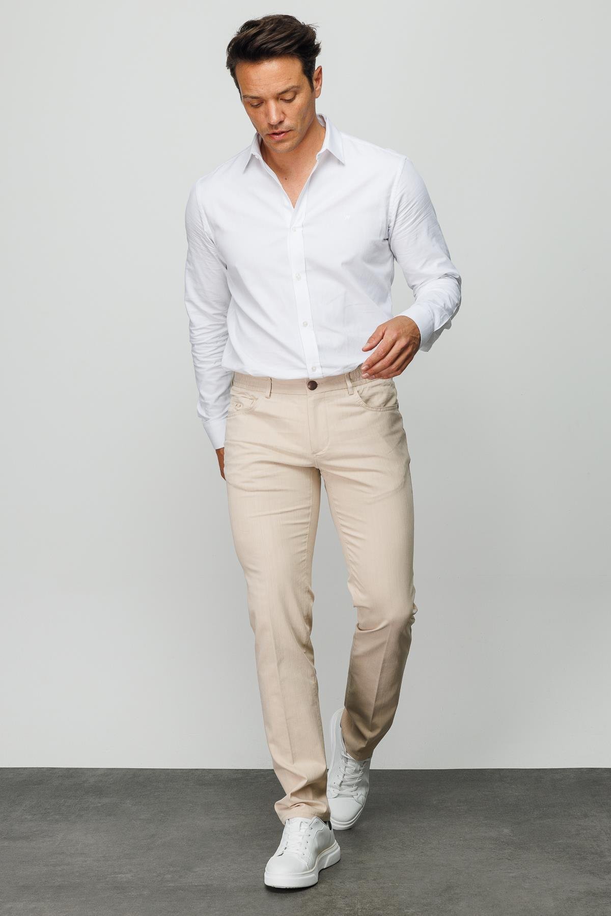 DNM.S23.106Erkek Beli Lastikli 5 Cepli Koton Pantolon Bej