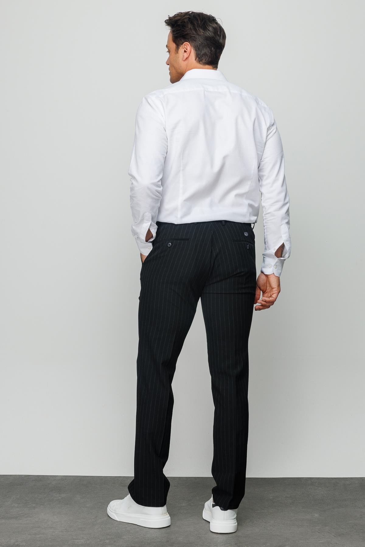 HND.S23.110Erkek Beli Lastikli Beyaz Çizgili Koton Pantolon Siyah