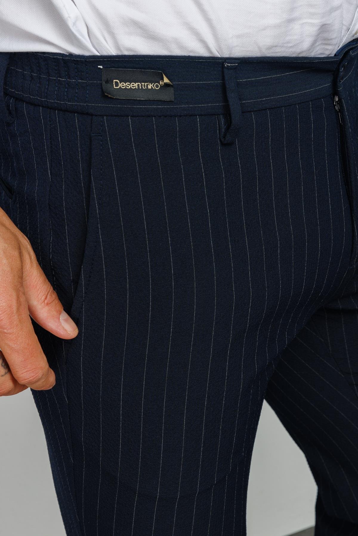 HND.S23.110Erkek Beli Lastikli Beyaz Çizgili Koton Pantolon Lacivert