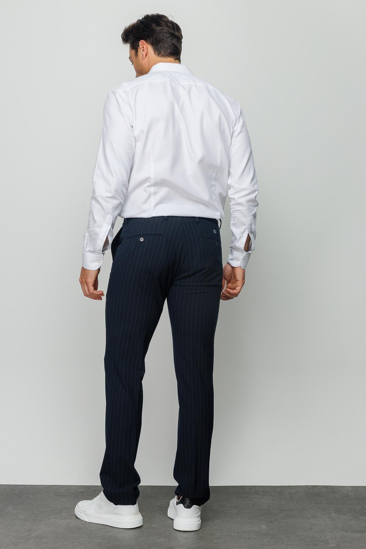 HND.S23.110Erkek Beli Lastikli Beyaz Çizgili Koton Pantolon Lacivert