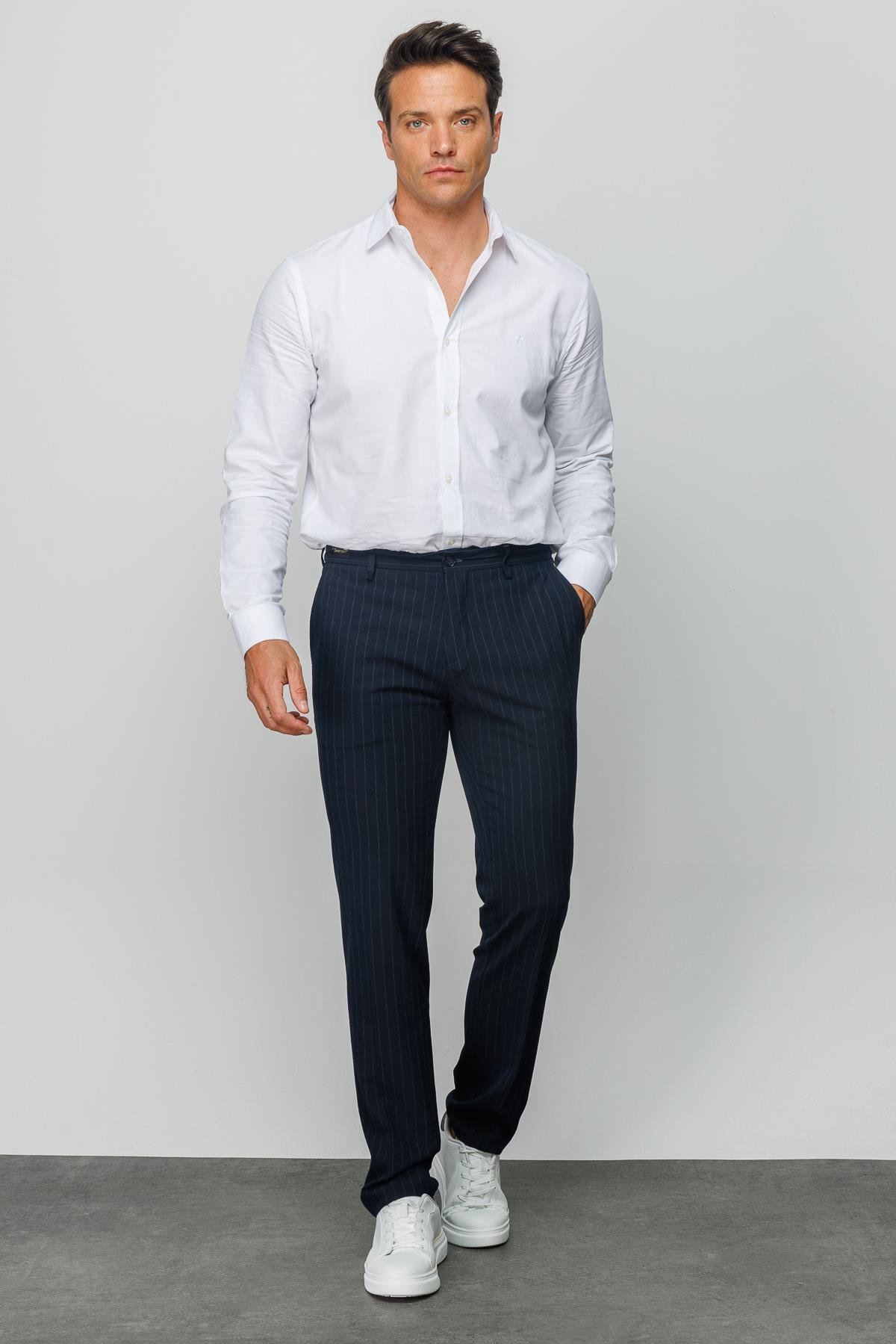 HND.S23.110Erkek Beli Lastikli Beyaz Çizgili Koton Pantolon Lacivert