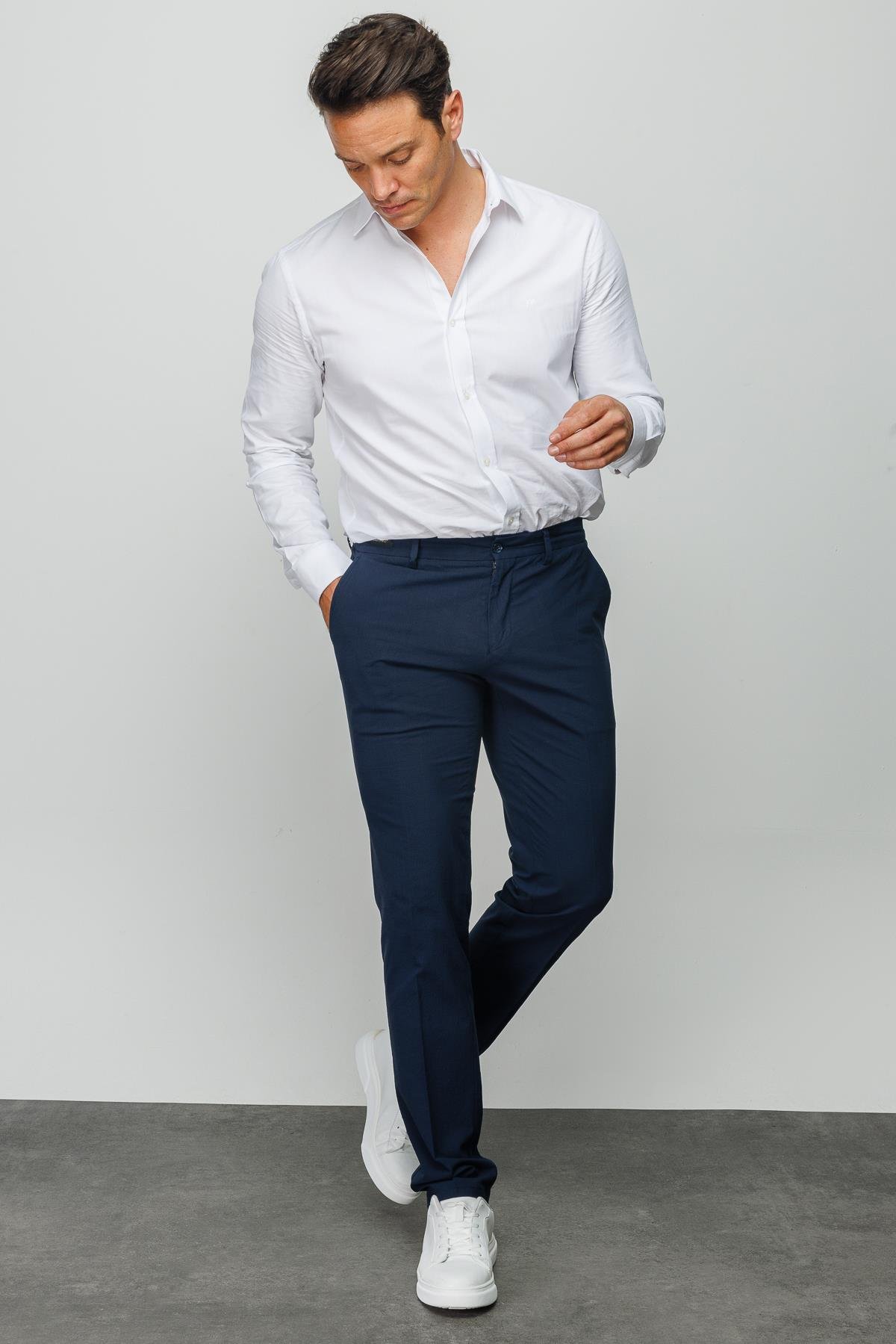 HND.S23.109Erkek Beli Lastikli Yan Cepli Koton Pantolon K.Lacivert