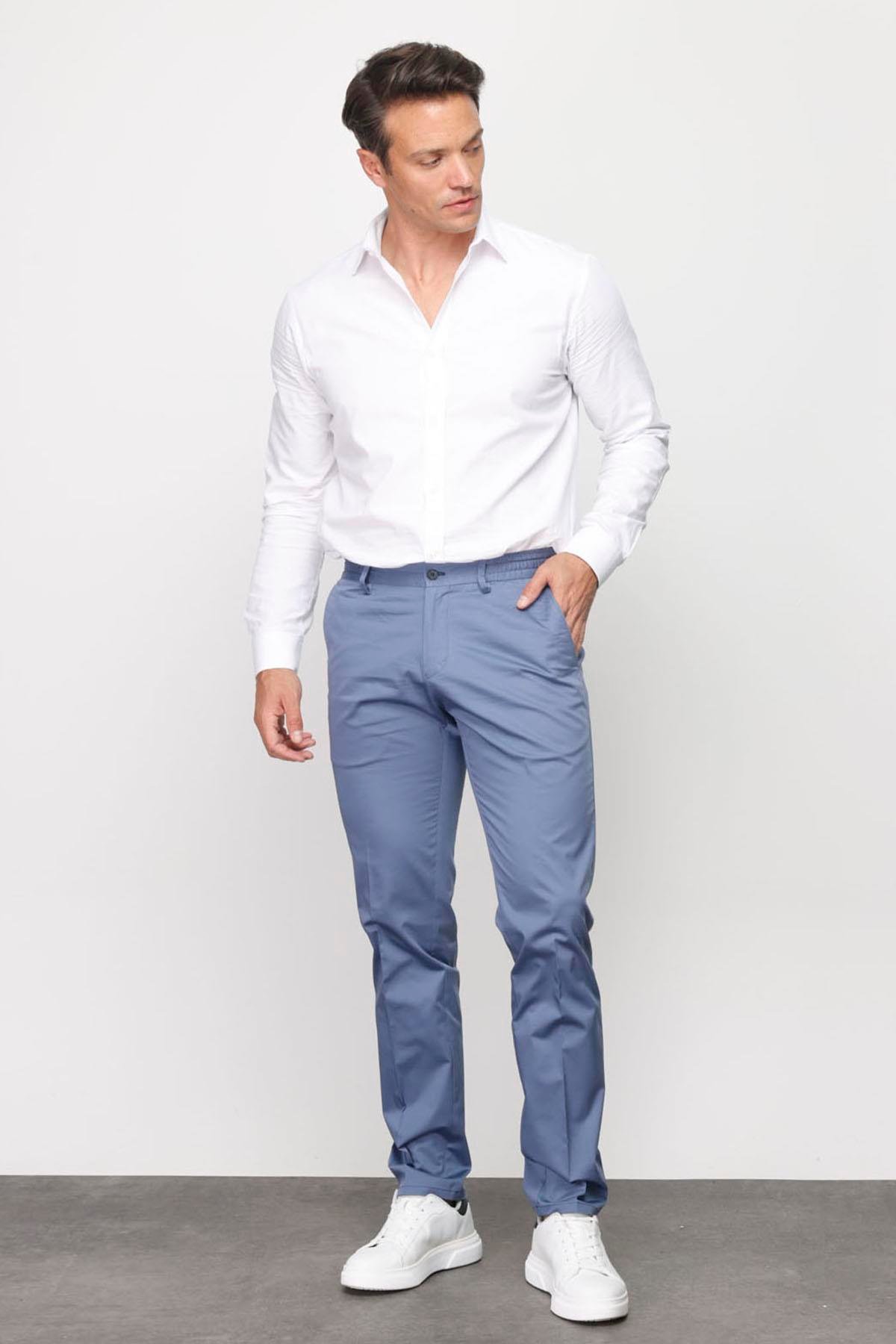 HND.S23.103Erkek Beli Lastikli Yan Cepli Koton Pantolon Mavi