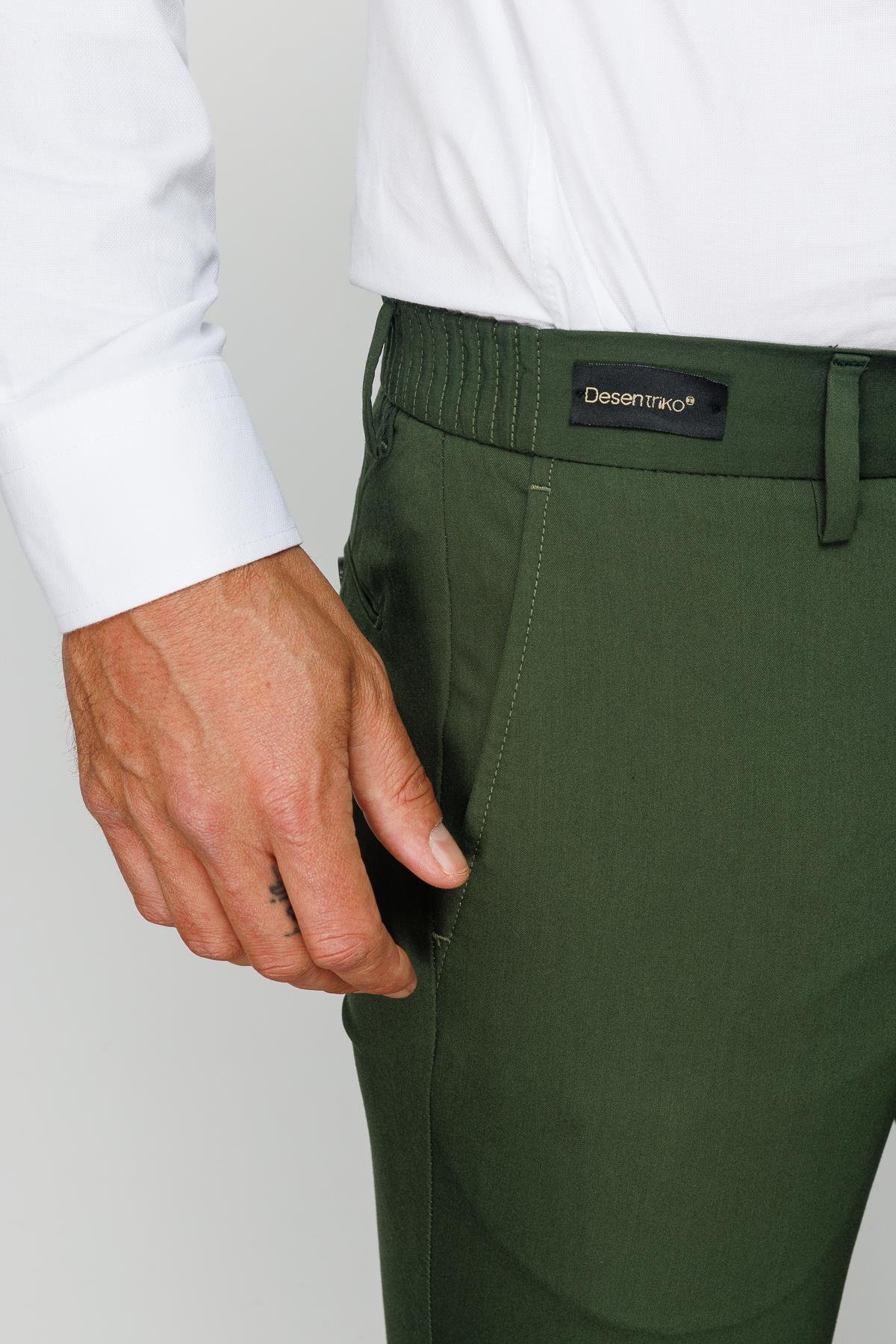 HND.S23.101Erkek Beli Lastikli Yan Cepli Koton Pantolon Yeşil