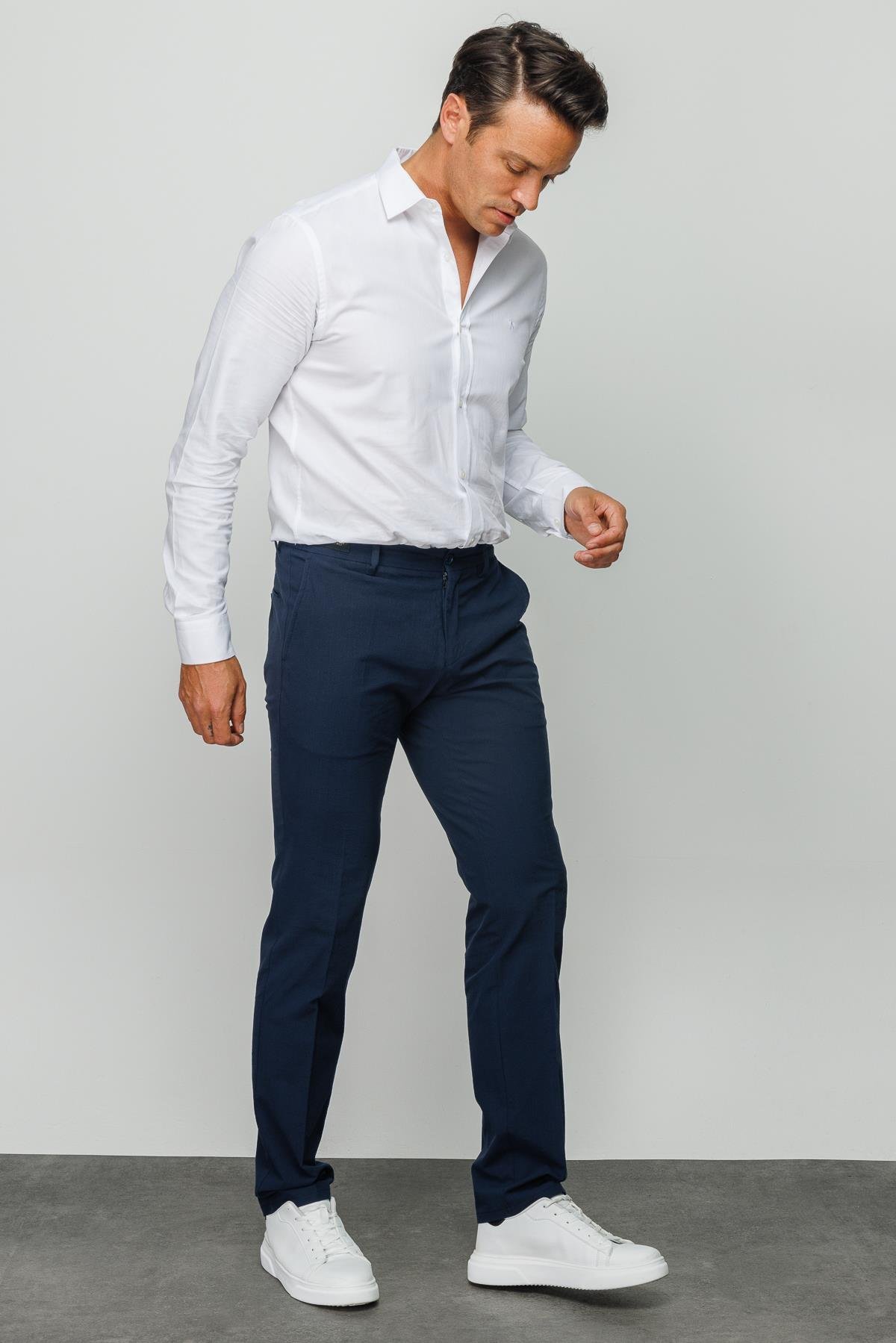 HND.S23.109Erkek Beli Lastikli Yan Cepli Koton Pantolon K.Lacivert