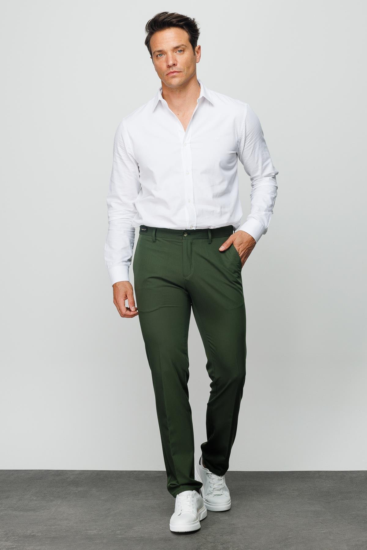 HND.S23.101Erkek Beli Lastikli Yan Cepli Koton Pantolon Yeşil