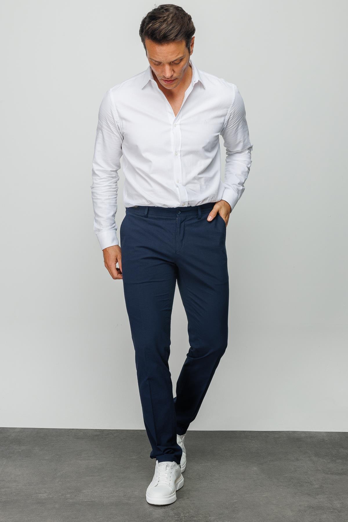 HND.S23.109Erkek Beli Lastikli Yan Cepli Koton Pantolon K.Lacivert