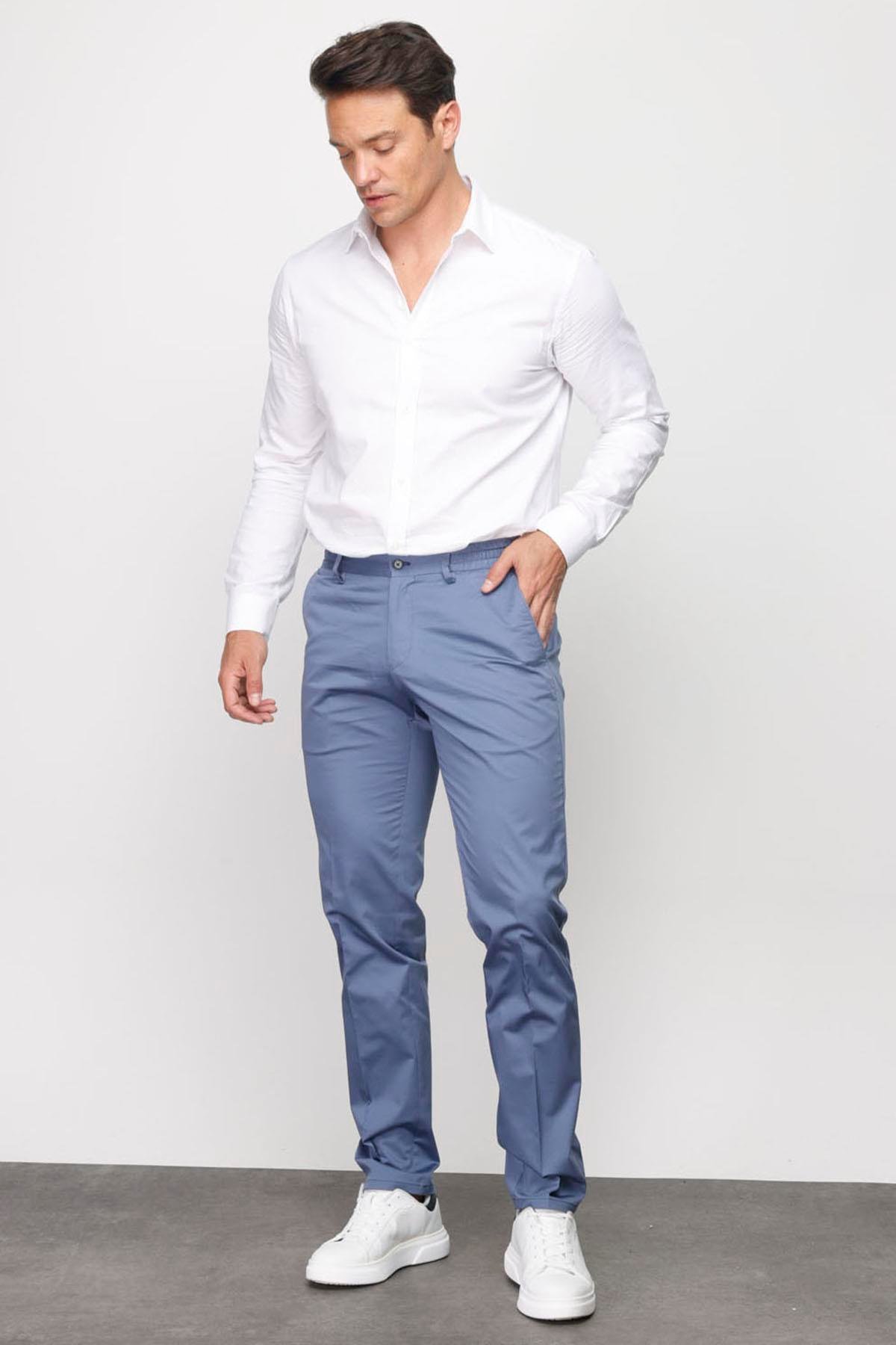 HND.S23.103Erkek Beli Lastikli Yan Cepli Koton Pantolon Mavi