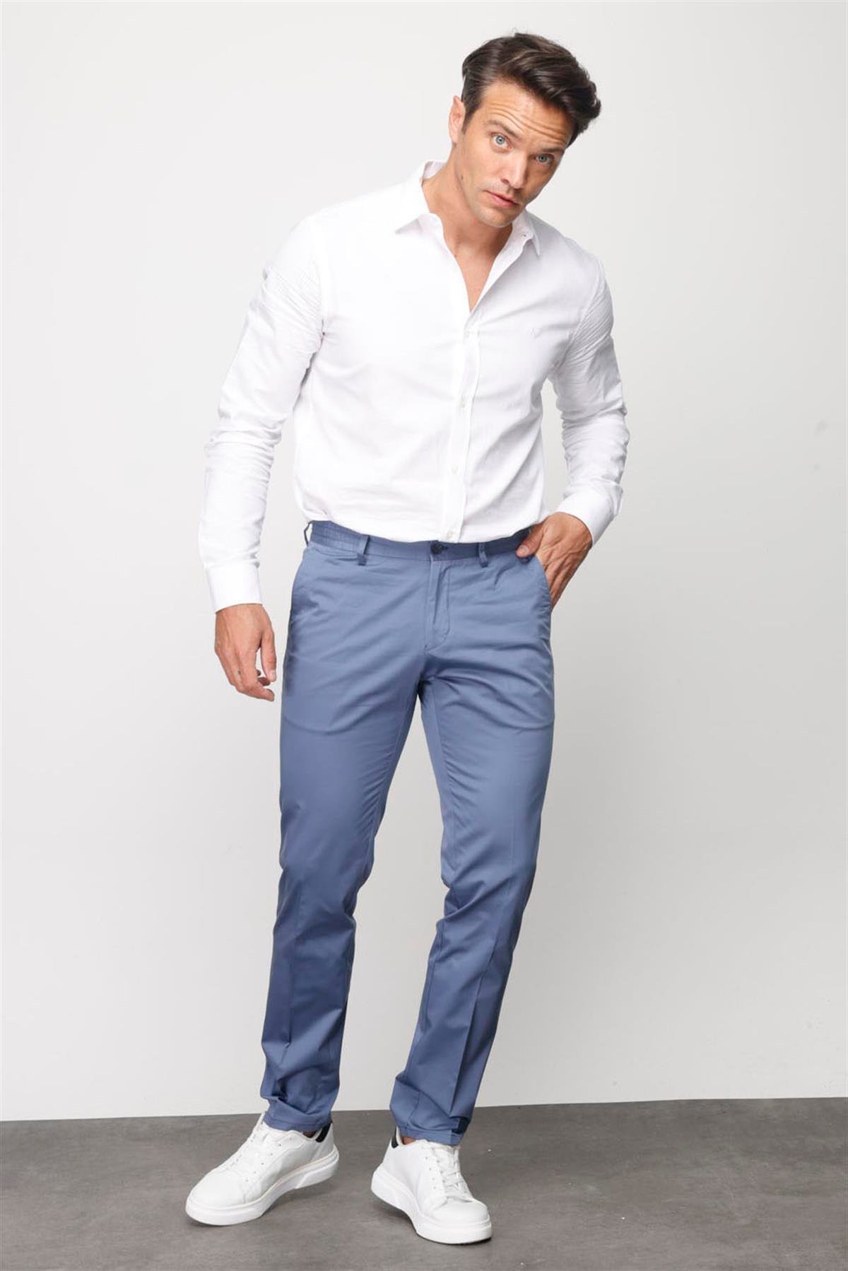 HND.S23.103Erkek Beli Lastikli Yan Cepli Koton Pantolon Mavi