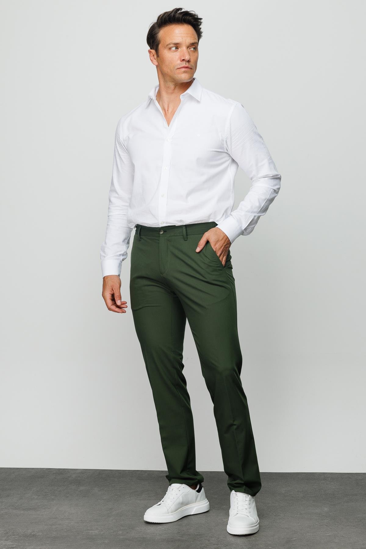 HND.S23.101Erkek Beli Lastikli Yan Cepli Koton Pantolon Yeşil