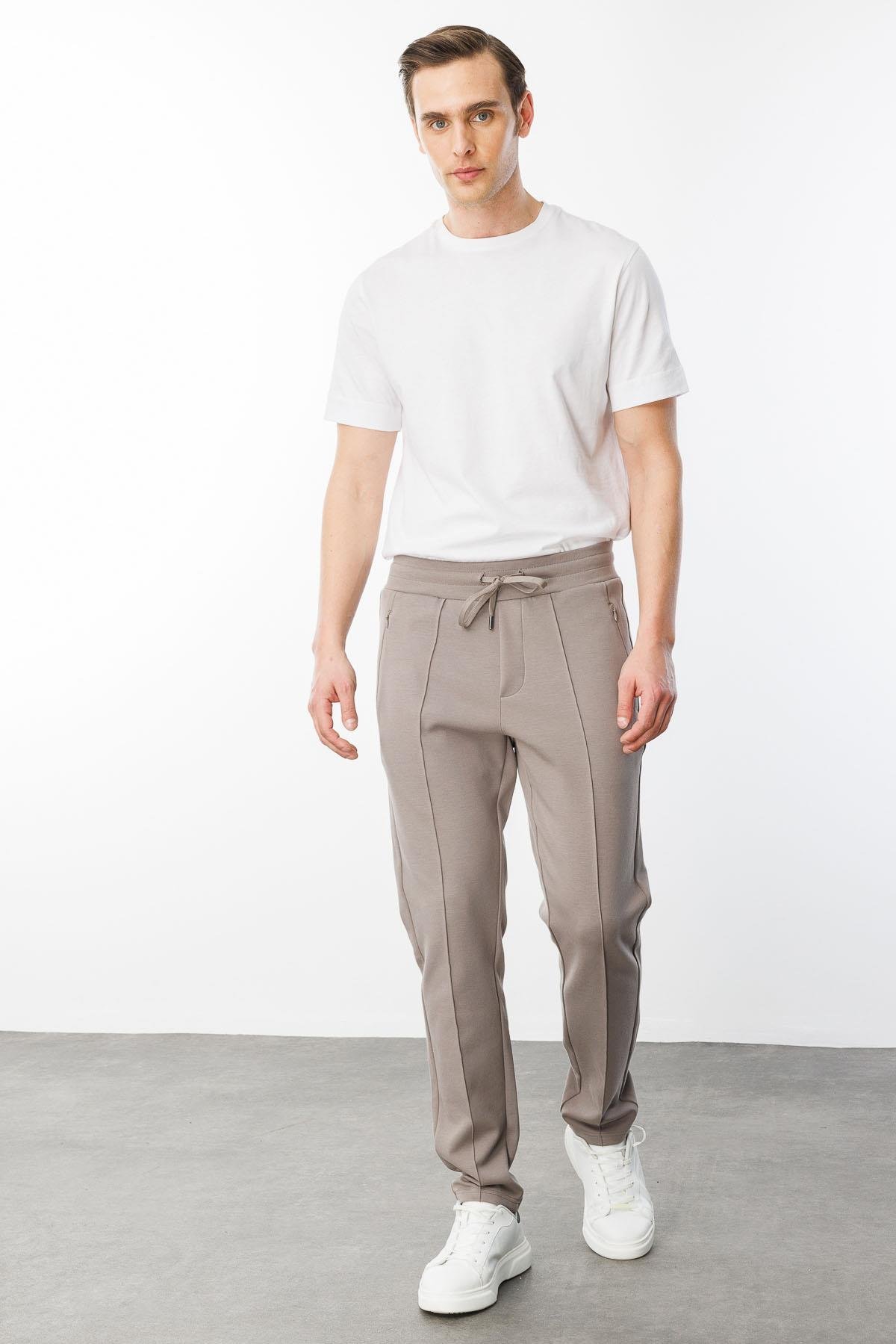 24455Erkek Cepleri Fermuarlı Eşofman Altı Vizon