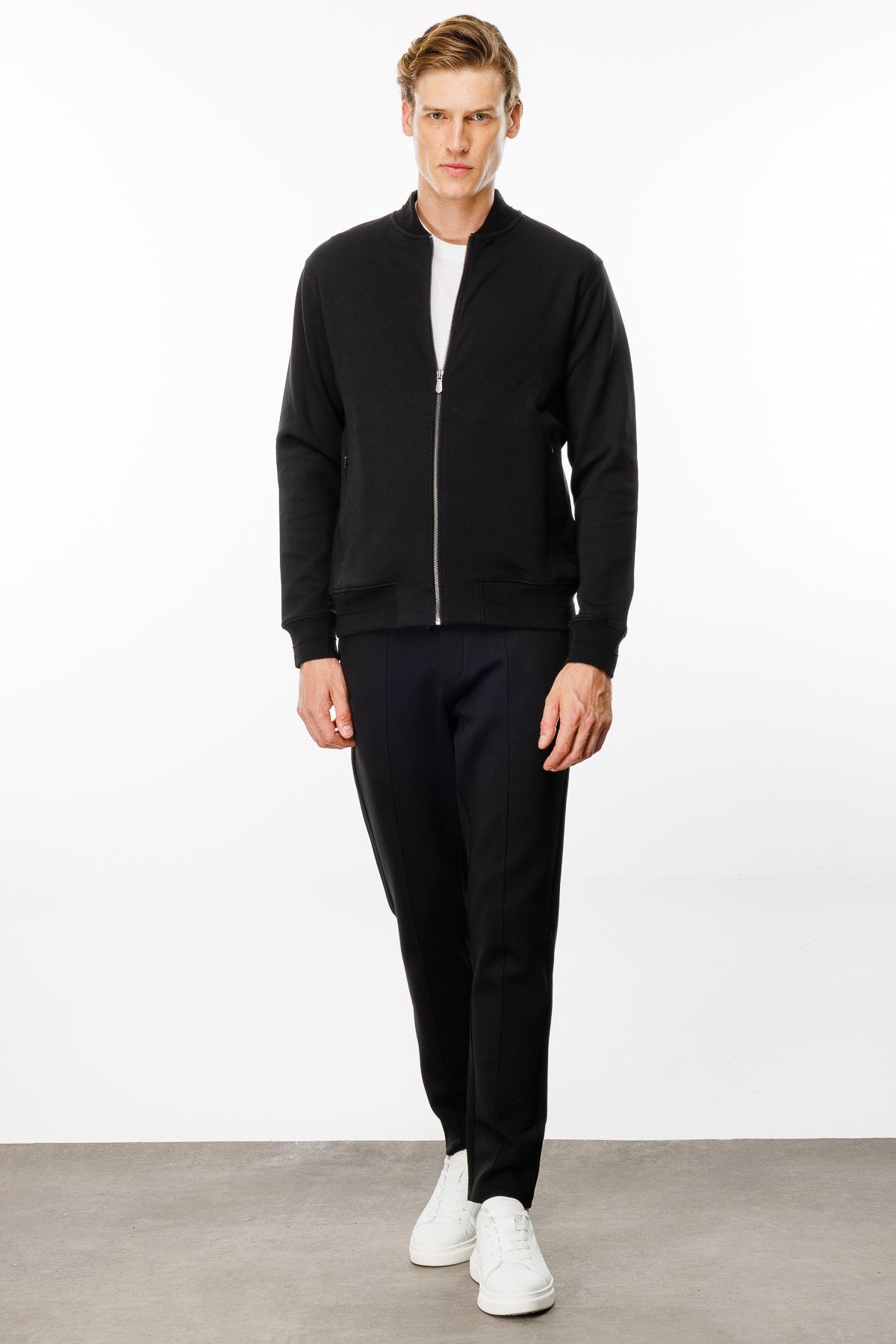 24454Erkek Cepleri Fermuarlı Eşofman Üstü Siyah