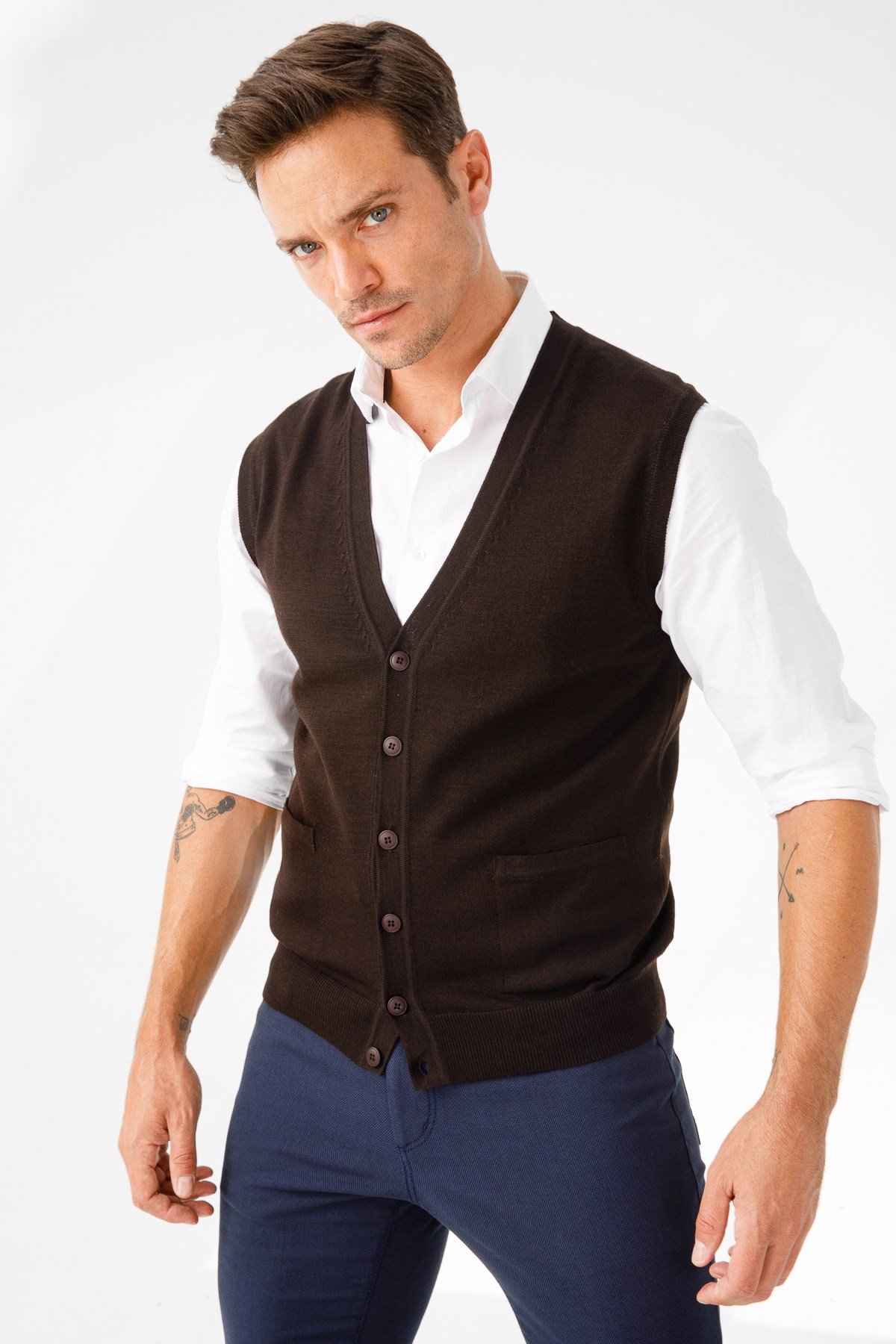 21606Erkek Cepli Yelek K.Kahve