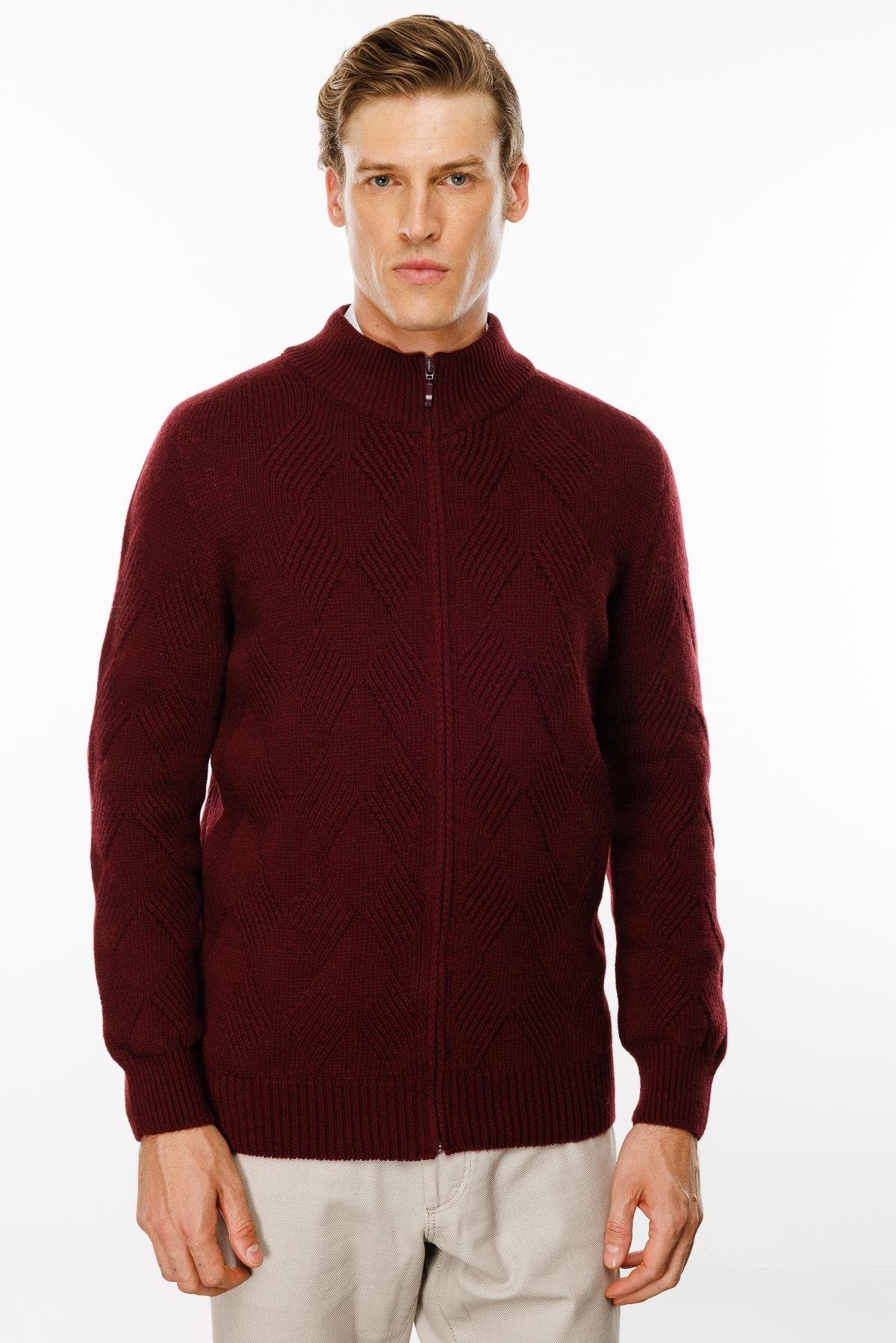 23543Erkek Dik Yaka Baklava Desenli Yün Ceket Bordo