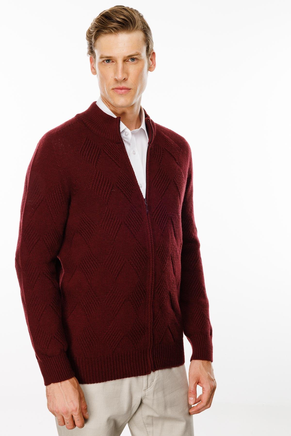 23543Erkek Dik Yaka Baklava Desenli Yün Ceket Bordo