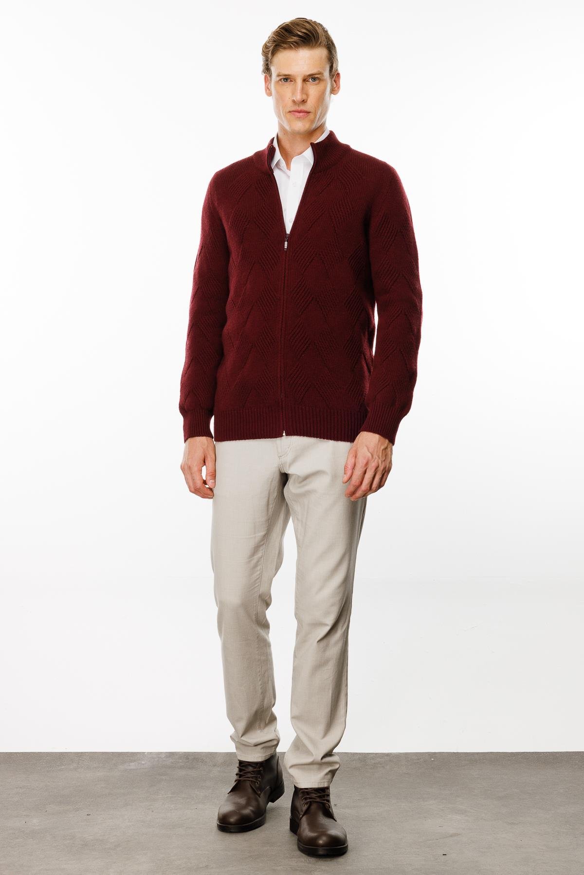 23543Erkek Dik Yaka Baklava Desenli Yün Ceket Bordo