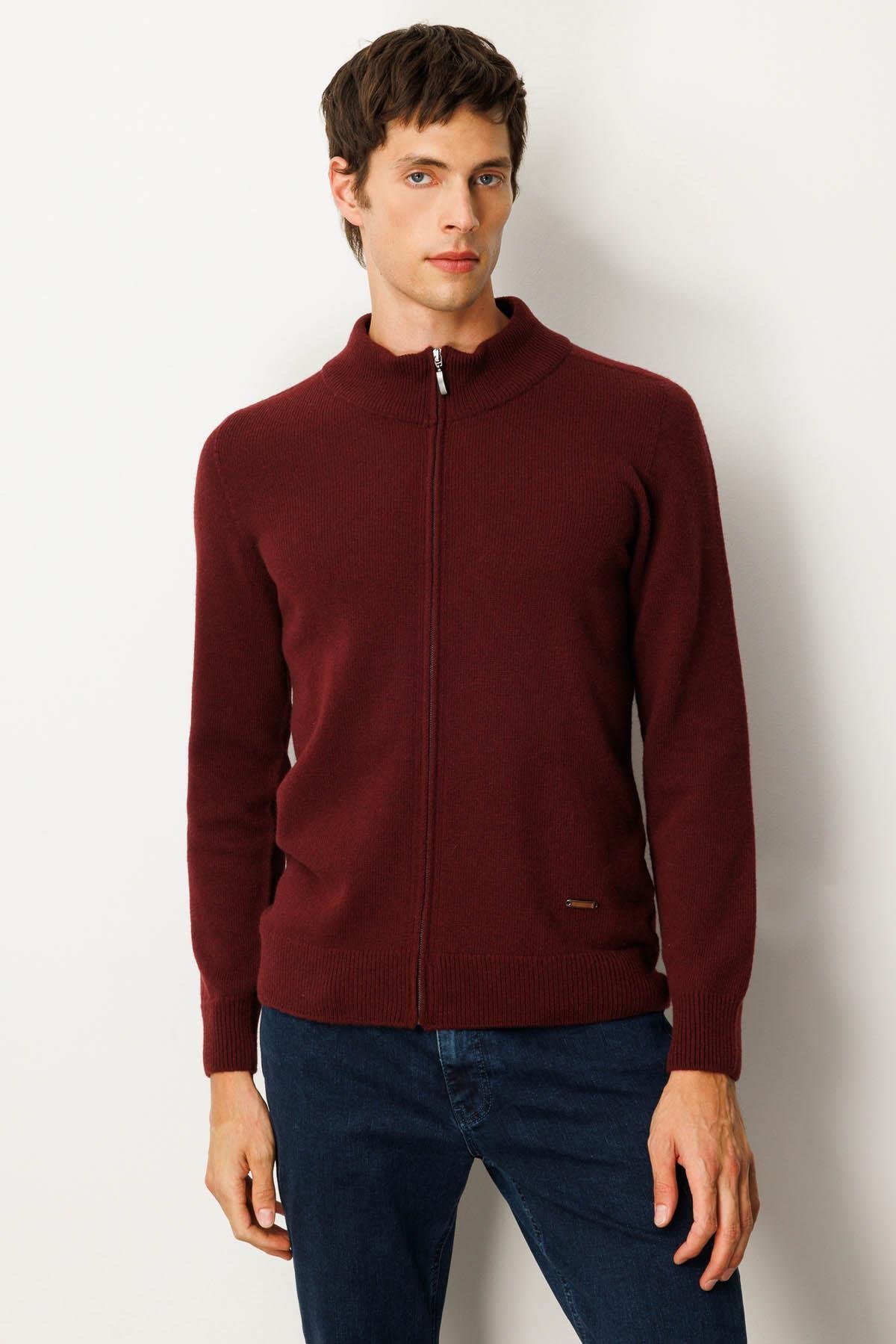 23530Erkek Dik Yaka Basic Yün Triko Mont Bordo