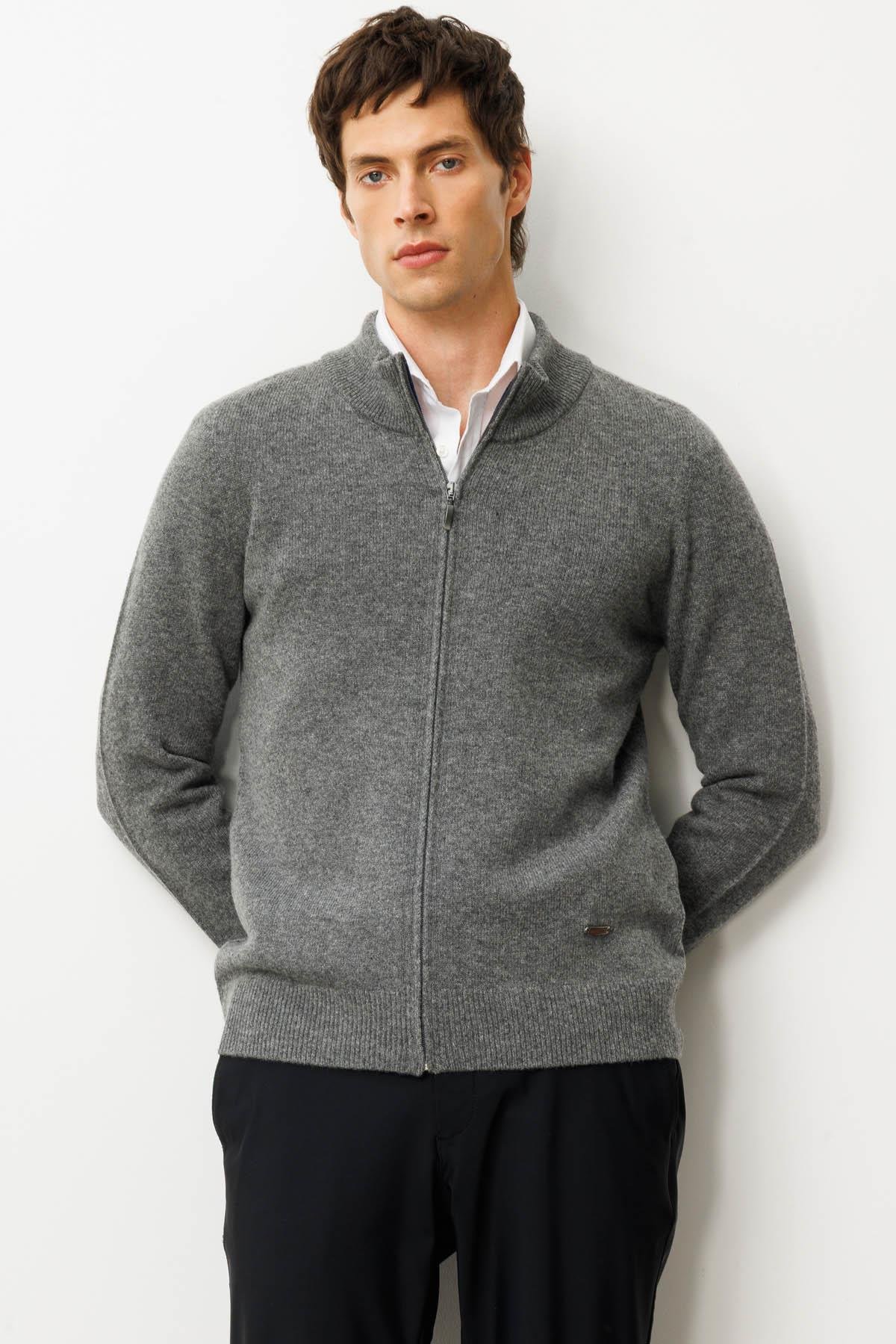 23530Erkek Dik Yaka Basic Yün Triko Mont Füme