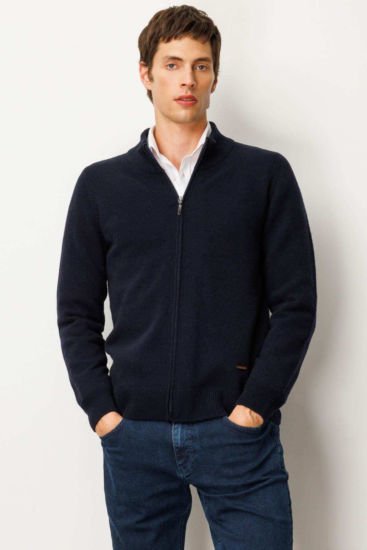 23530Erkek Dik Yaka Basic Yün Triko Mont K.Lacivert