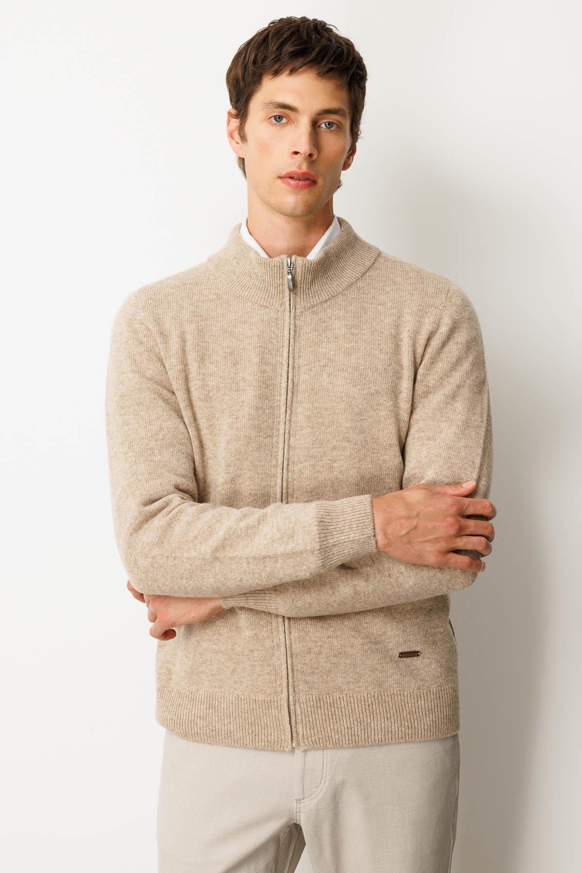 23530Erkek Dik Yaka Basic Yün Triko Mont K.Bej
