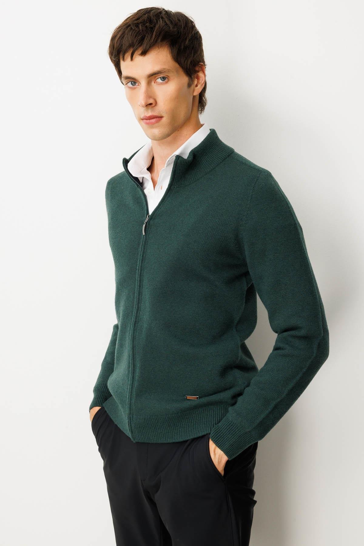 23530Erkek Dik Yaka Basic Yün Triko Mont Yeşil