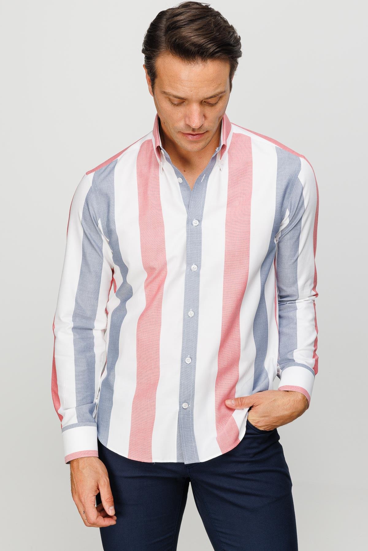 23925Erkek Düğmeli Yaka %100 Pamuk Kalın Çizgili Desenli Regular Orta Kesim Gömlek Kırmızı