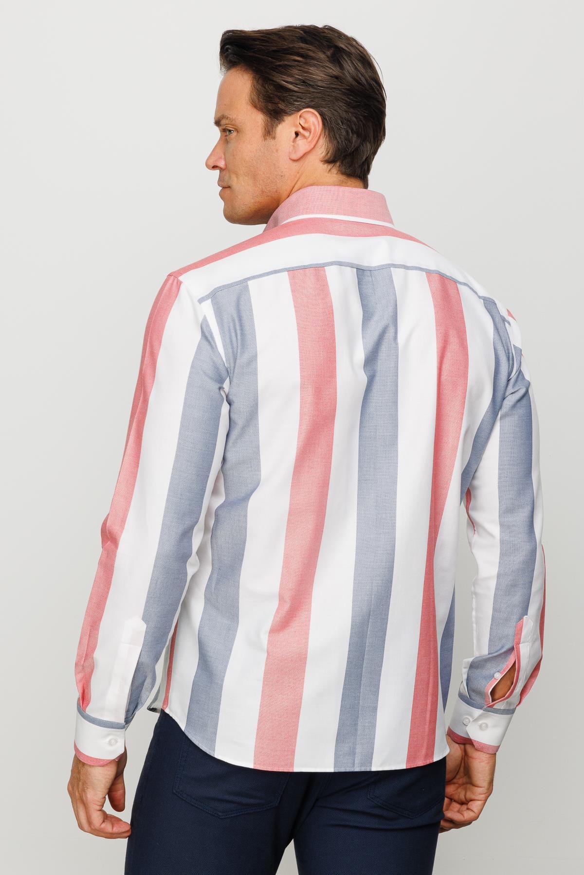 23925Erkek Düğmeli Yaka %100 Pamuk Kalın Çizgili Desenli Regular Orta Kesim Gömlek Kırmızı