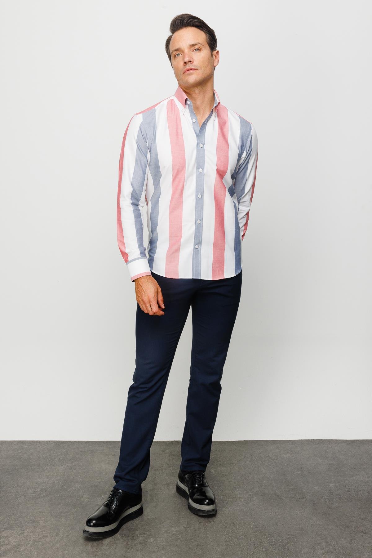 23925Erkek Düğmeli Yaka %100 Pamuk Kalın Çizgili Desenli Regular Orta Kesim Gömlek Kırmızı