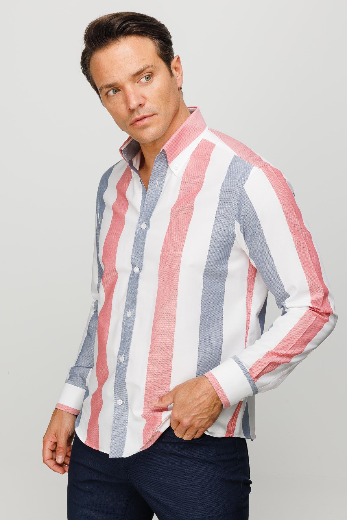 23925Erkek Düğmeli Yaka %100 Pamuk Kalın Çizgili Desenli Regular Orta Kesim Gömlek Kırmızı