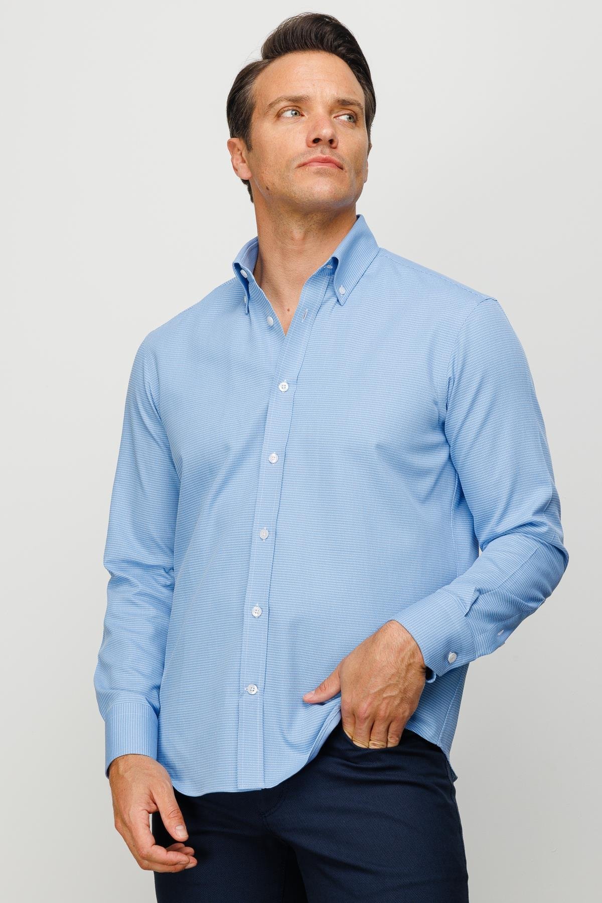 23923Erkek Düğmeli Yaka %100 Pamuk Regular Orta Kesim Desenli Gömlek Mavi