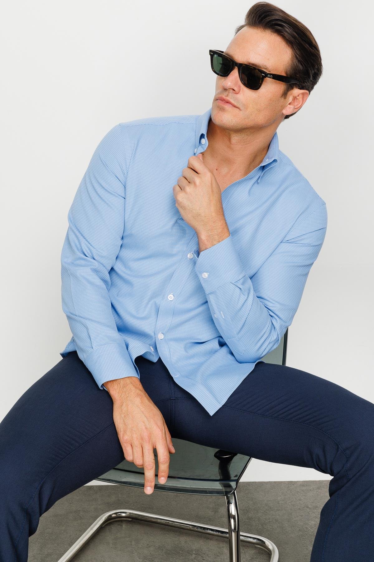 23923Erkek Düğmeli Yaka %100 Pamuk Regular Orta Kesim Desenli Gömlek Mavi