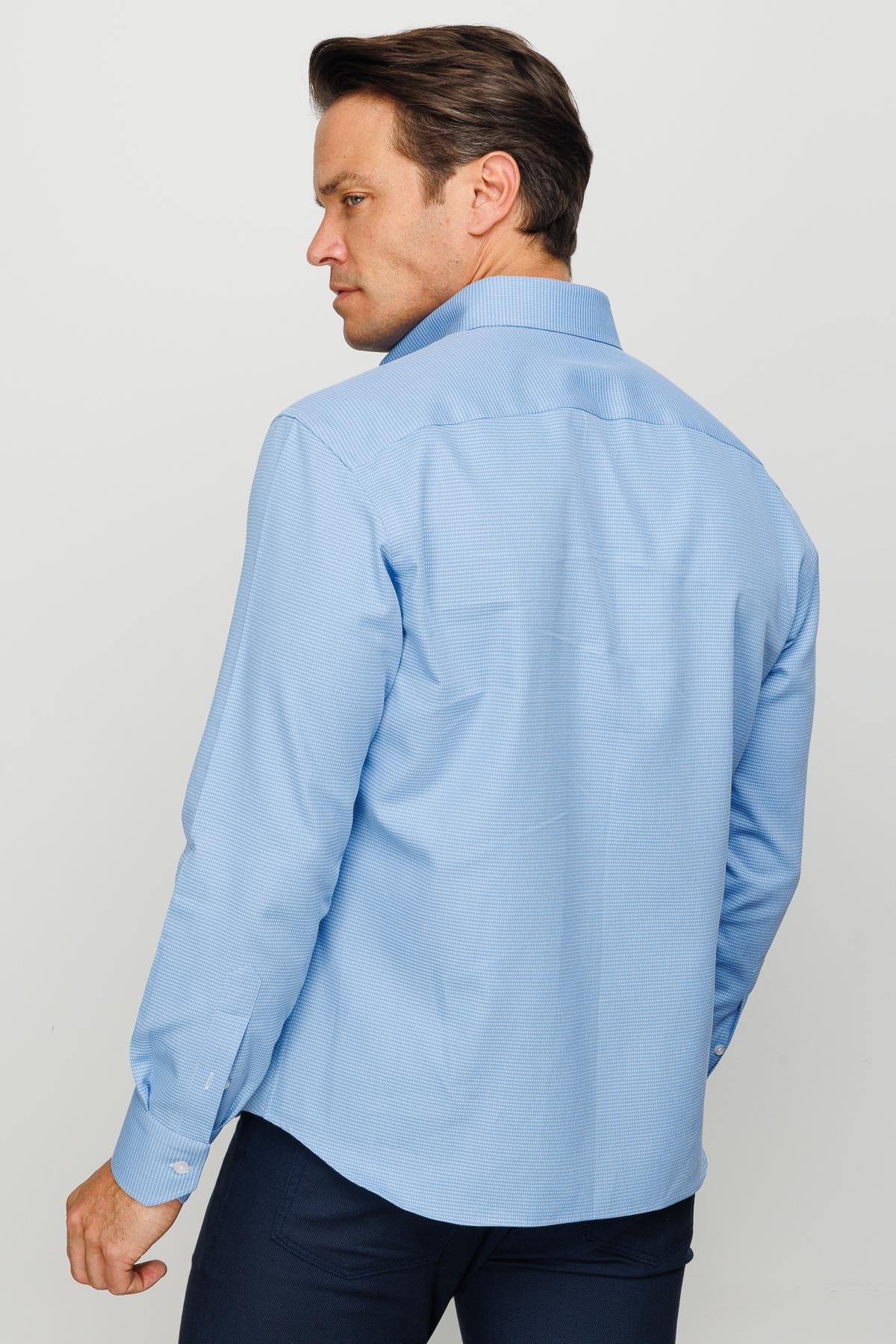 23923Erkek Düğmeli Yaka %100 Pamuk Regular Orta Kesim Desenli Gömlek Mavi