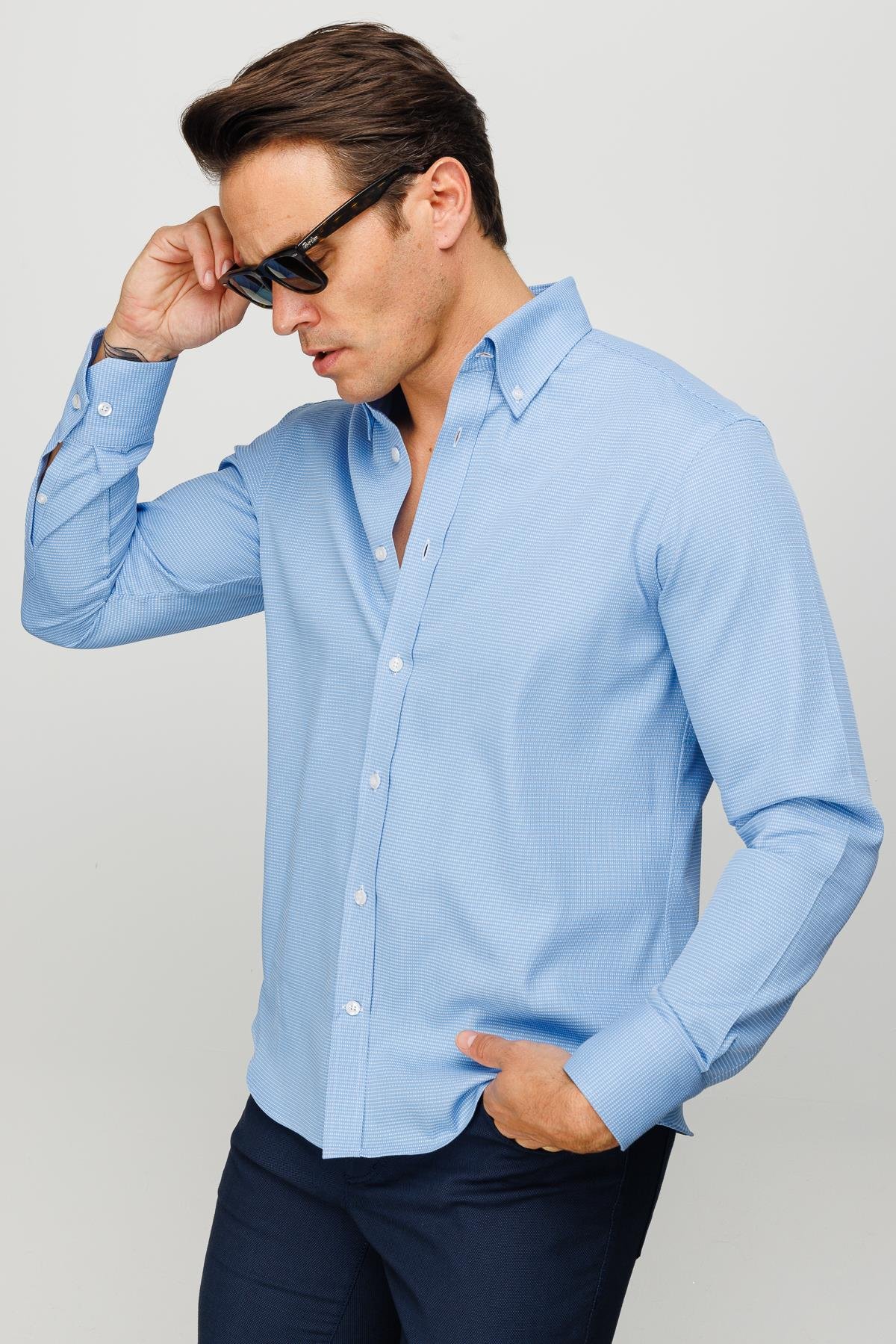 23923Erkek Düğmeli Yaka %100 Pamuk Regular Orta Kesim Desenli Gömlek Mavi