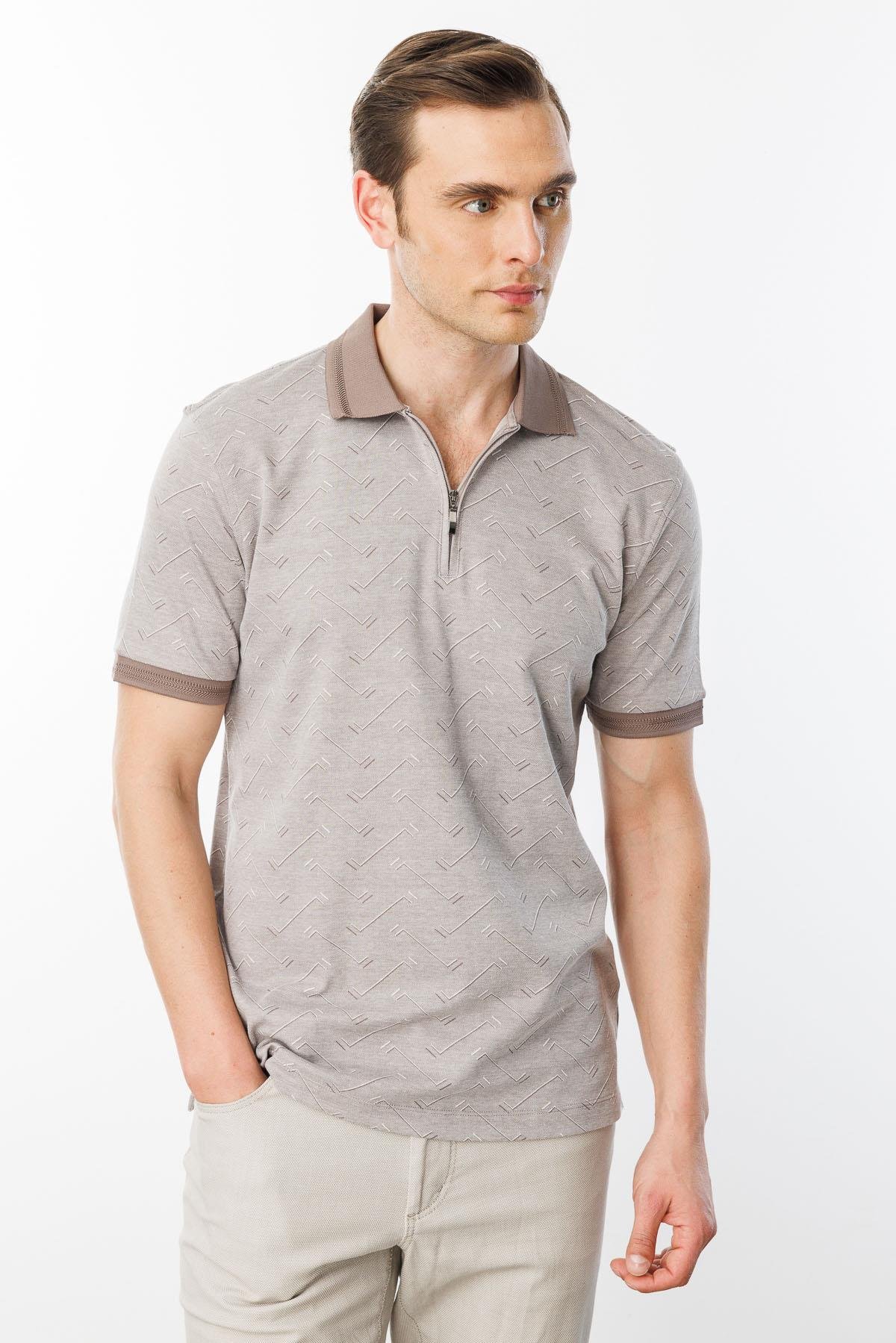 605Erkek Fermuarlı Jakarlı T-shirt Bej