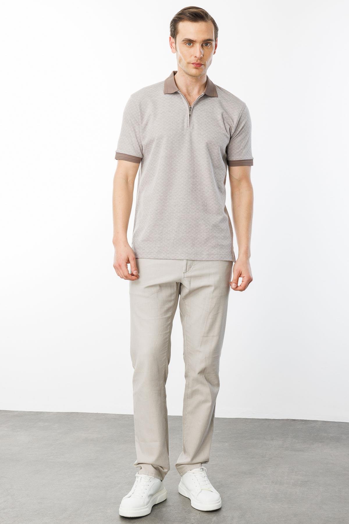 615Erkek Fermuarlı Jakarlı T-shirt Bej